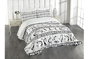 Lunarable Kokopelli Bedspread, Silhouette of Dancings Geometric Shapes in Horizontal Line Art Design, Decorative Quilted 3 Piece Coverlet Set with 2 Pillow Shams, King Size, Black White