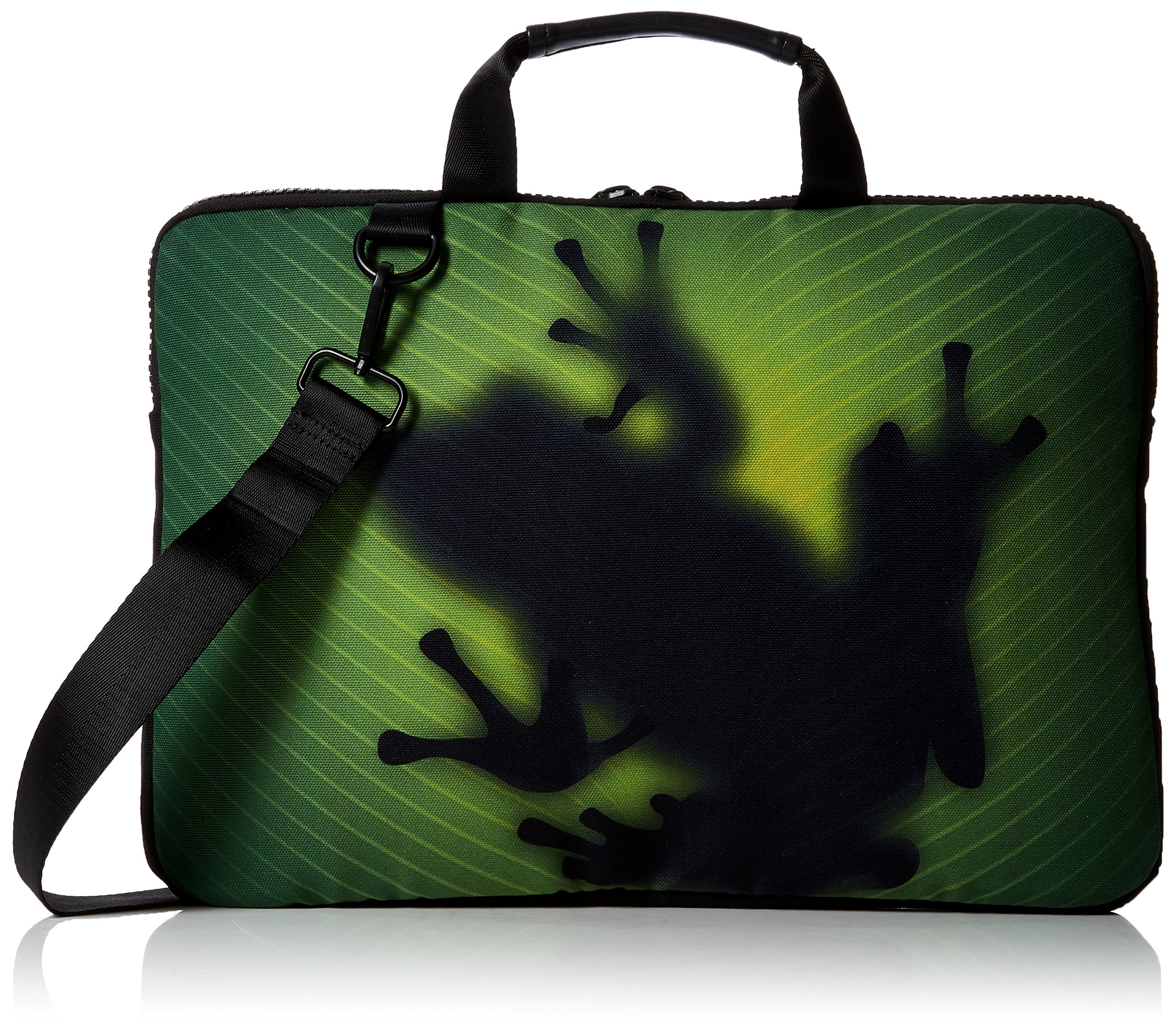 Silent Monsters Laptop bag case 15.6 inch made of Canvas with pocket for accessories, Design: green frog