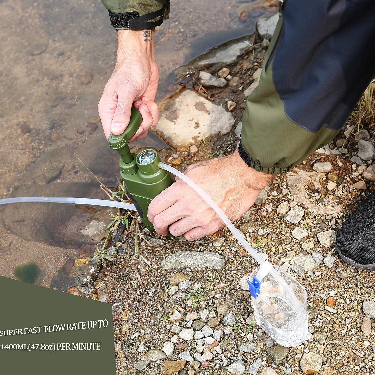 SurviMate Portable Water Filter Pump for Hiking Camping Travel Emergency use with Activated Carbon & 3 Filter Stages (Green) : Sports & Outdoors