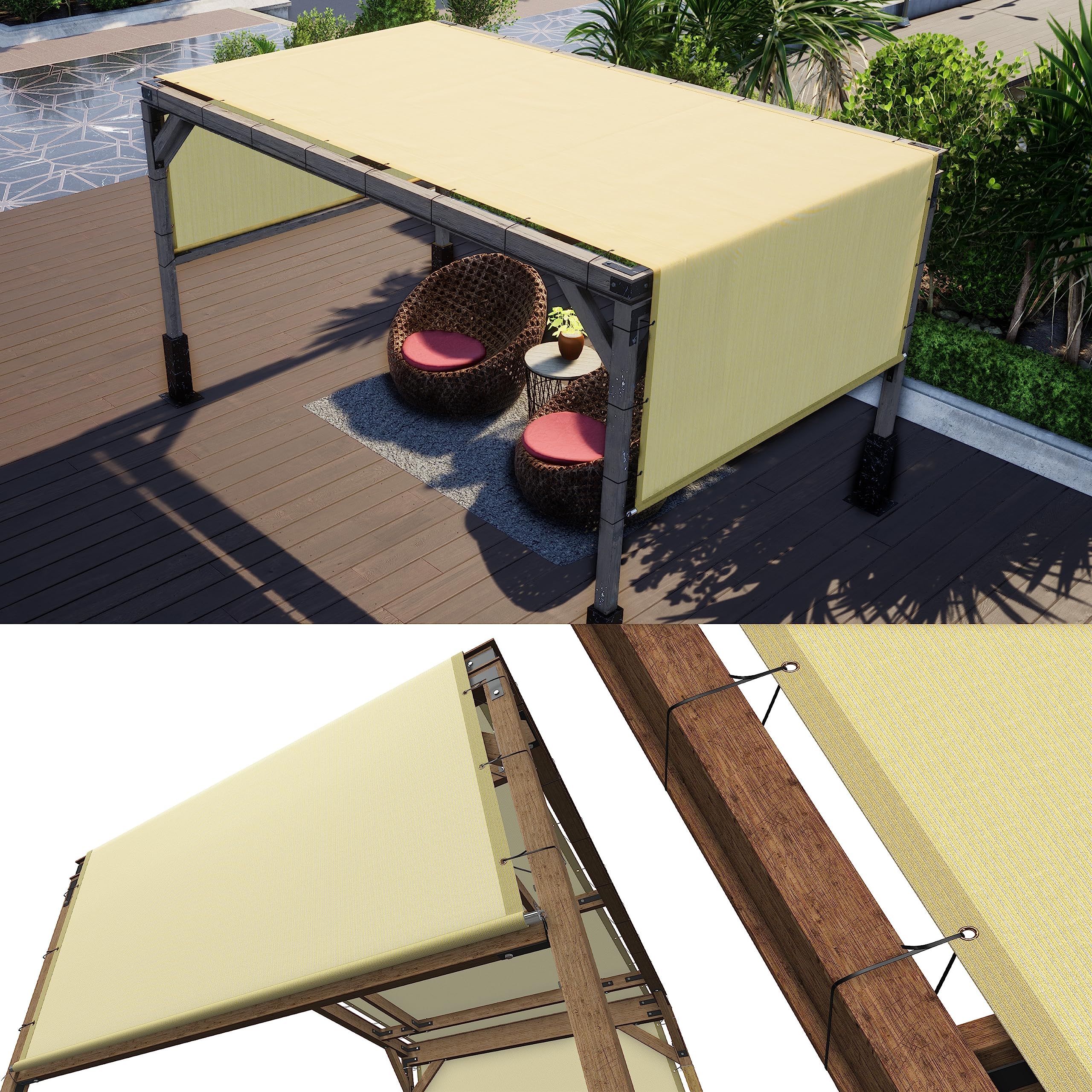 Photo 1 of ColourTree 10' W x 20' L Beige Pergola Sun Shade Canopy Replacement Cover, Commercial Grade 260 GSM Cloth for Outdoor Patio, Includes Stainless Steel Weighted Rods (We Make Custom Size)