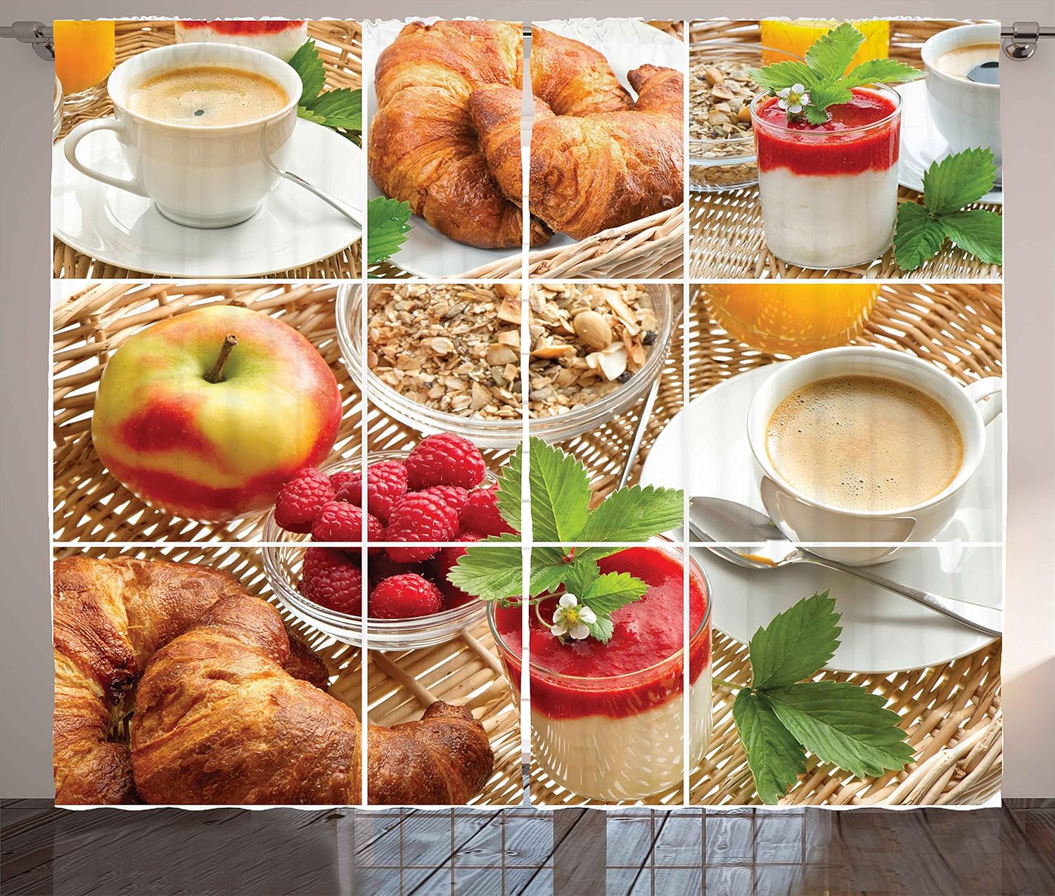 Ambesonne Coffee Curtains, Breakfast with Coffee Croissants Orange Juice Fresh Strawberry Yogurt Oatmeal Photo, Living Room Bedroom Window Drapes 2 Panel Set, 108