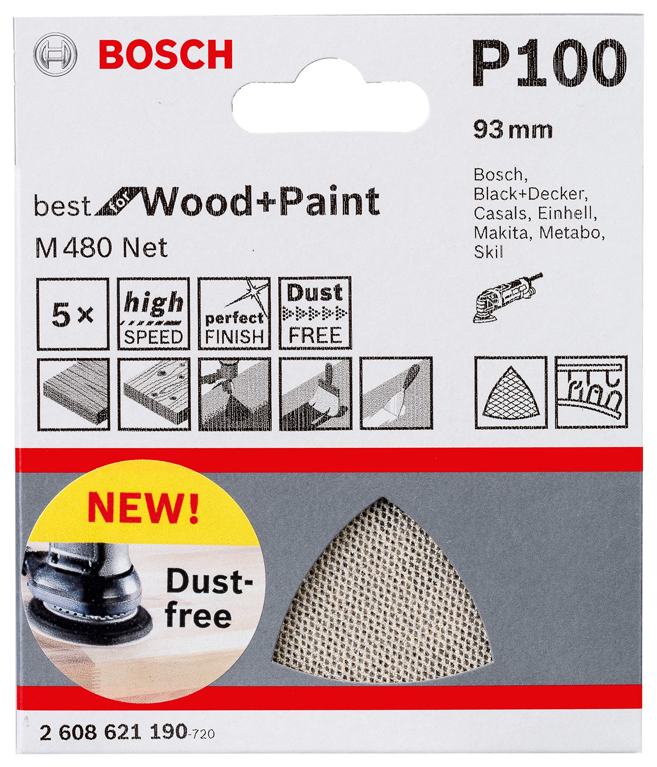 Bosch Professional Set of 5 Triangular Sanding Pads M480 Best for Wood and Paint (Wood and Paint, ร 115 mm, grit G100, Accessories for Delta Sander) โ image 1