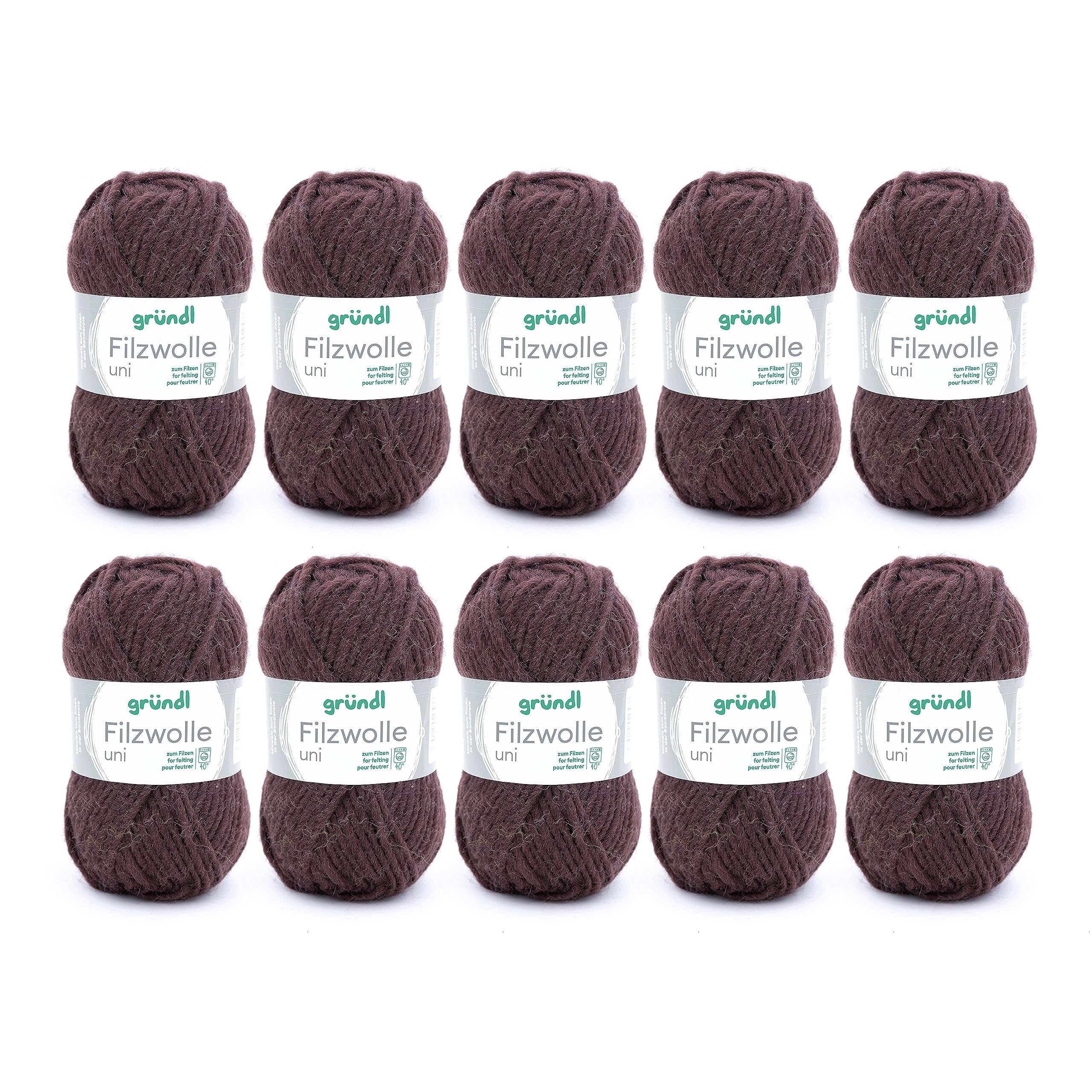 Gründl Plain Felting Wool for Felting, Knitting and Crocheting, 100% New Wool Yarn 50 g / 50 m Needle Size: 8-9, 10 x 50 g Chocolate 31 x 32 x 7.5 cm — image 1