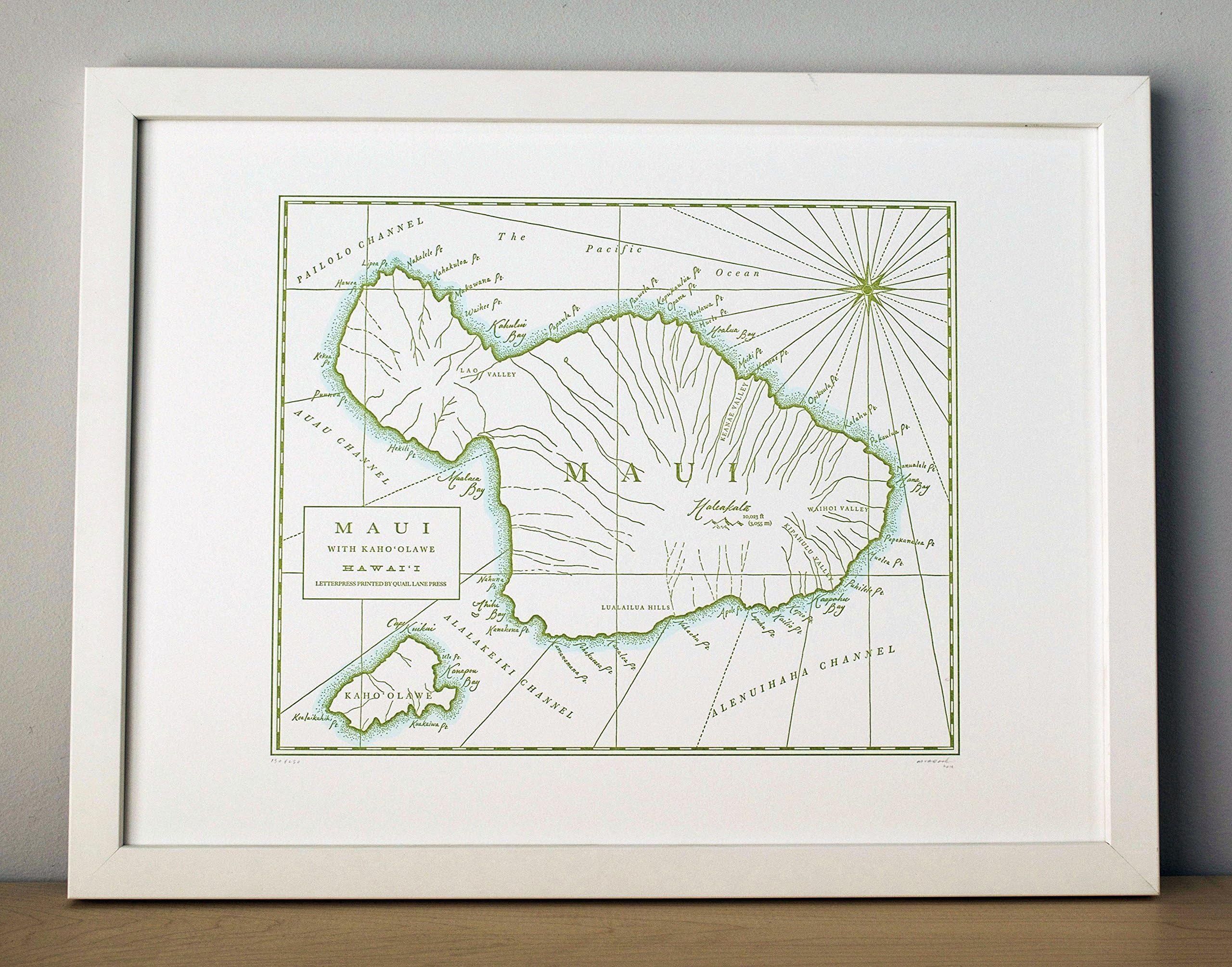 Maui, Hawaii, Letterpress Map Unframed Print