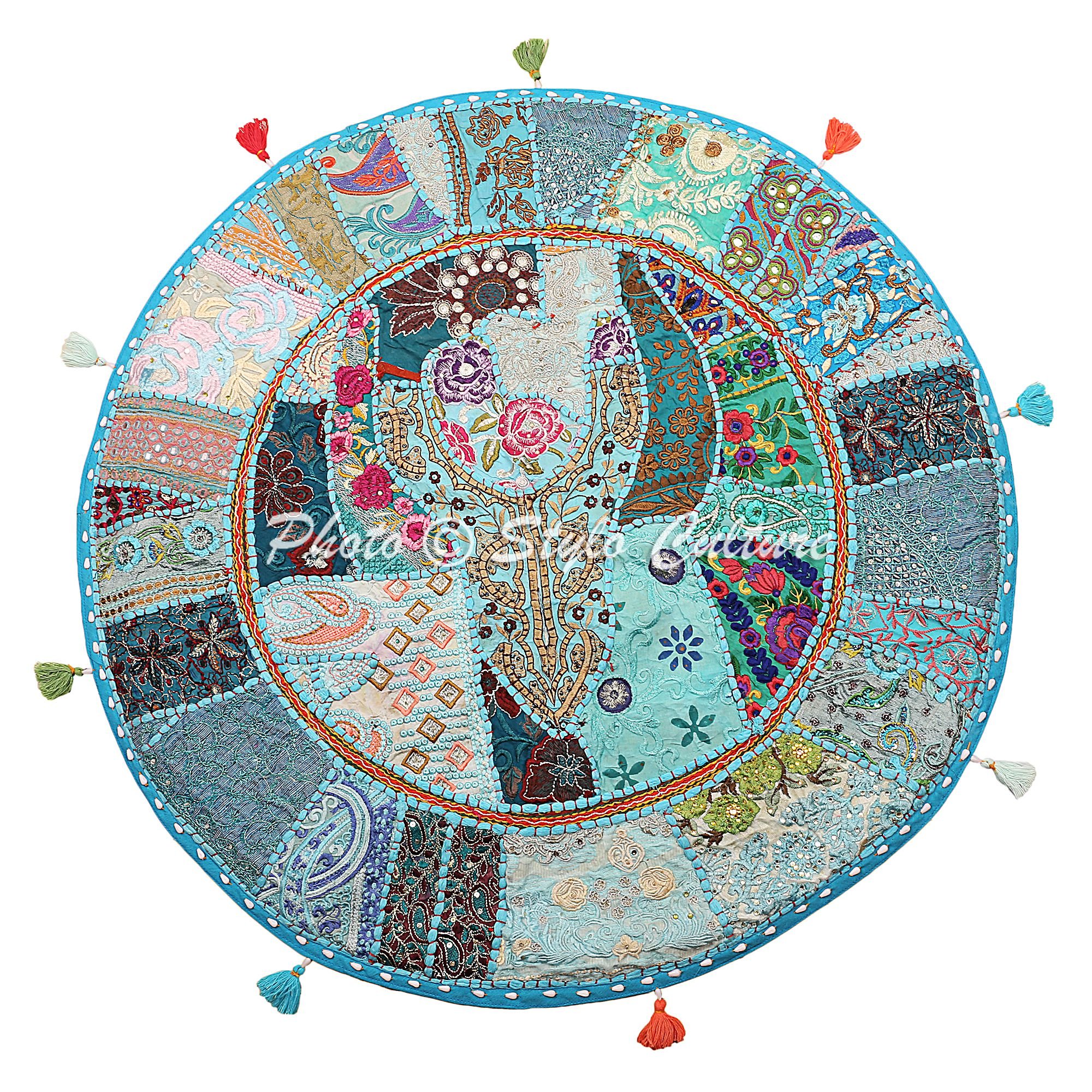 Stylo Culture Decorative Round Outdoor Floor Cushion Throw Pillow Cover Turquoise 80x80 cm Vintage Patchwork Boho Big Pillows 32 Inch Reading Corner Cotton Embroidered Couch Sitting Cover