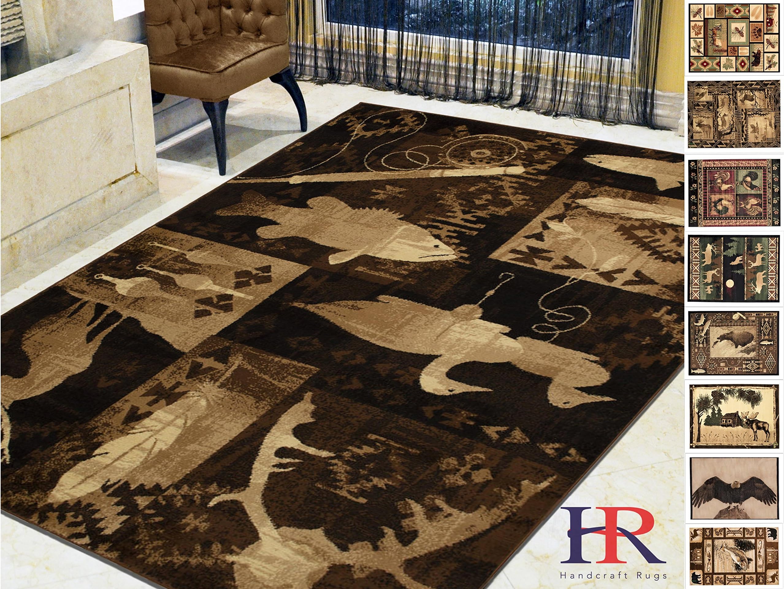 HR-Lodge, Cabin Nature and Animals Area Rug– Nature Pattern Cabin Area Rug–Abstract, Chocolate Brown/Beige-Fishing Tools/Fish/Deer (3’8” x 5’1”)