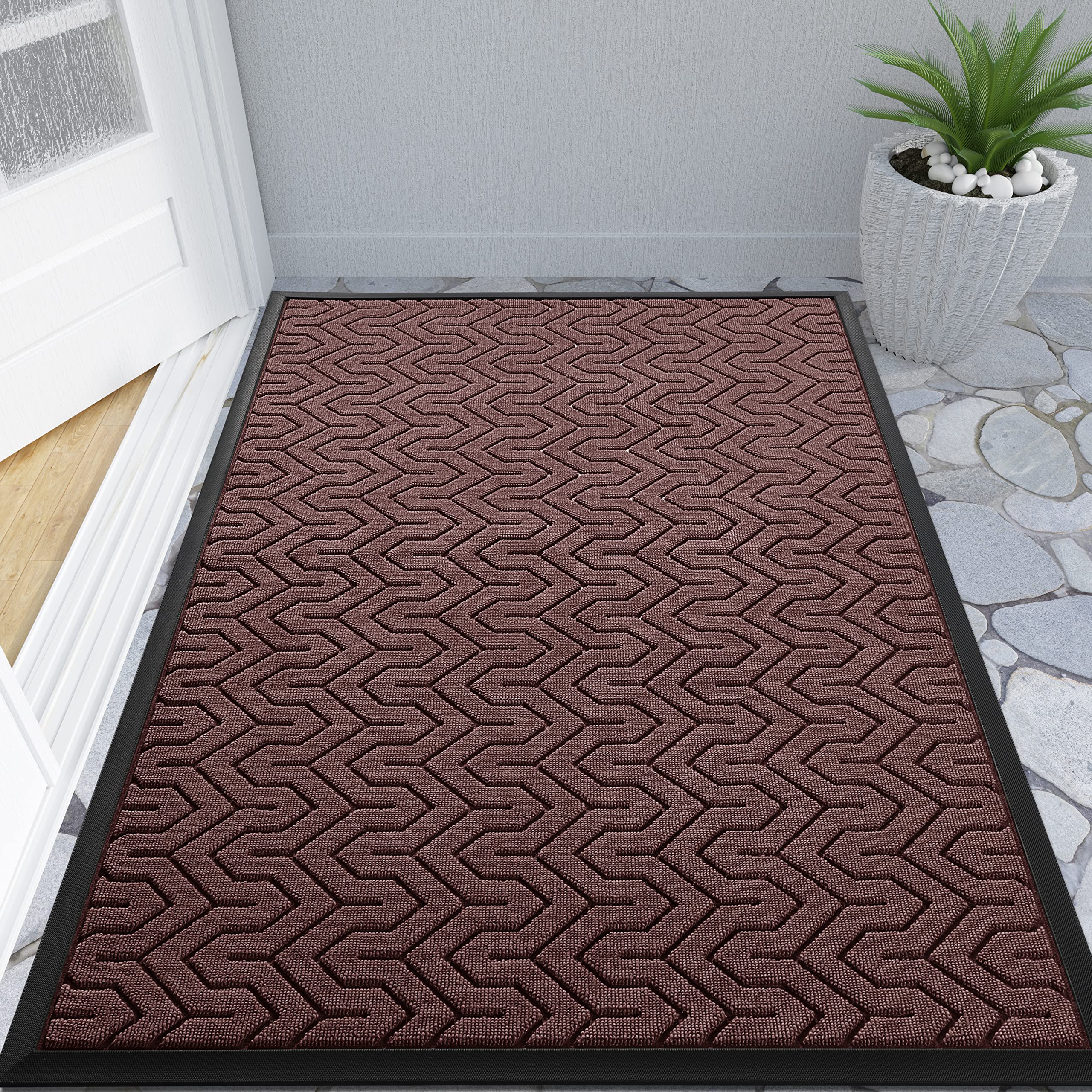 Yimobra Large Door Mat Outside Entrance 47x32, Waterproof Heavy Duty Outdoor Mats for Front Door, Non Slip Rubber Entry Mat for Garage Patio Indoor, Easy Clean, Wine Red Image