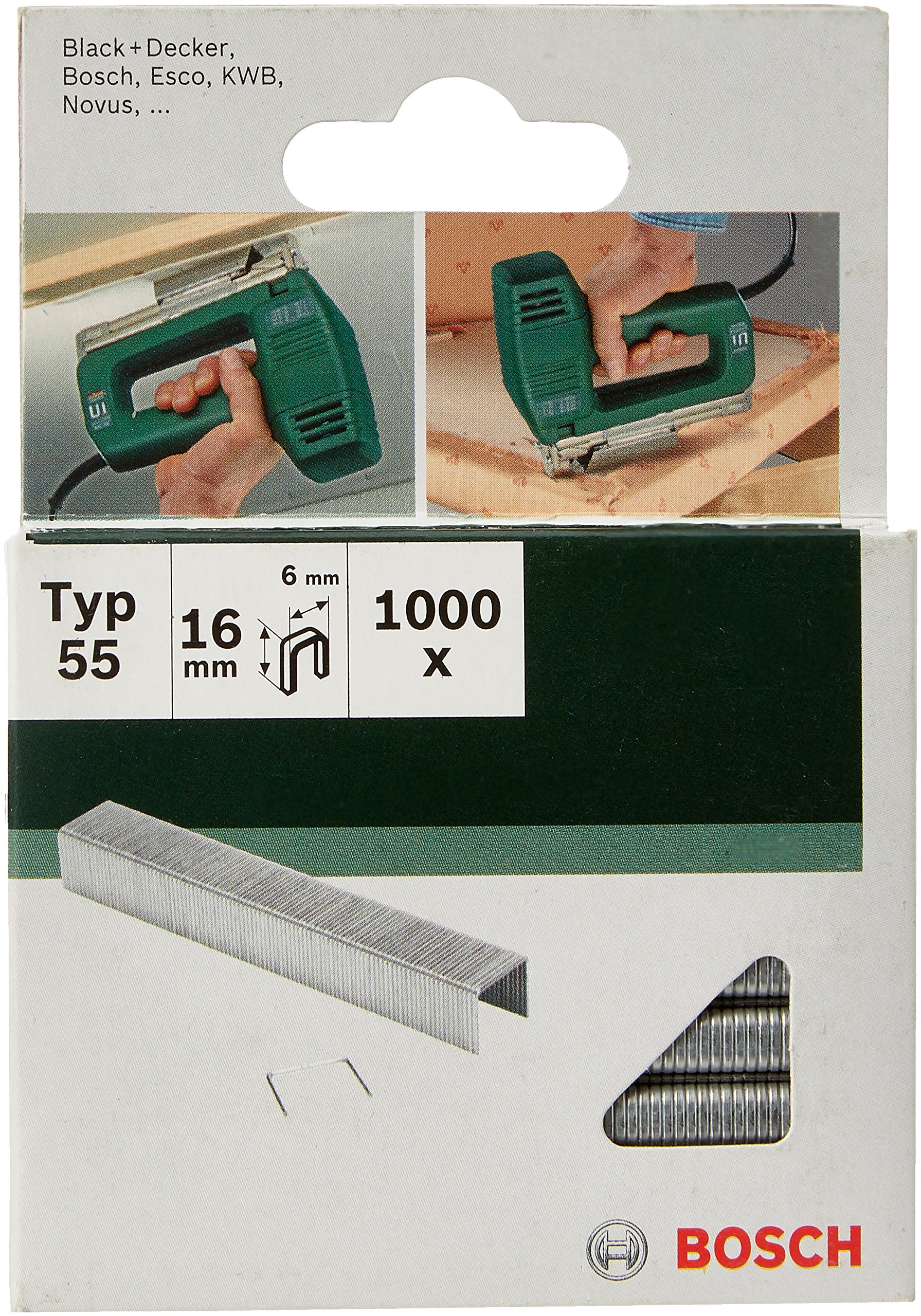 Bosch 1000x Narrow Crown Staples Type 55 (Textiles, Carpet, Acoustic panels, Lawn carpet, 6 x 1.08 x 16 mm, Accessories Tacker, Staple Gun)