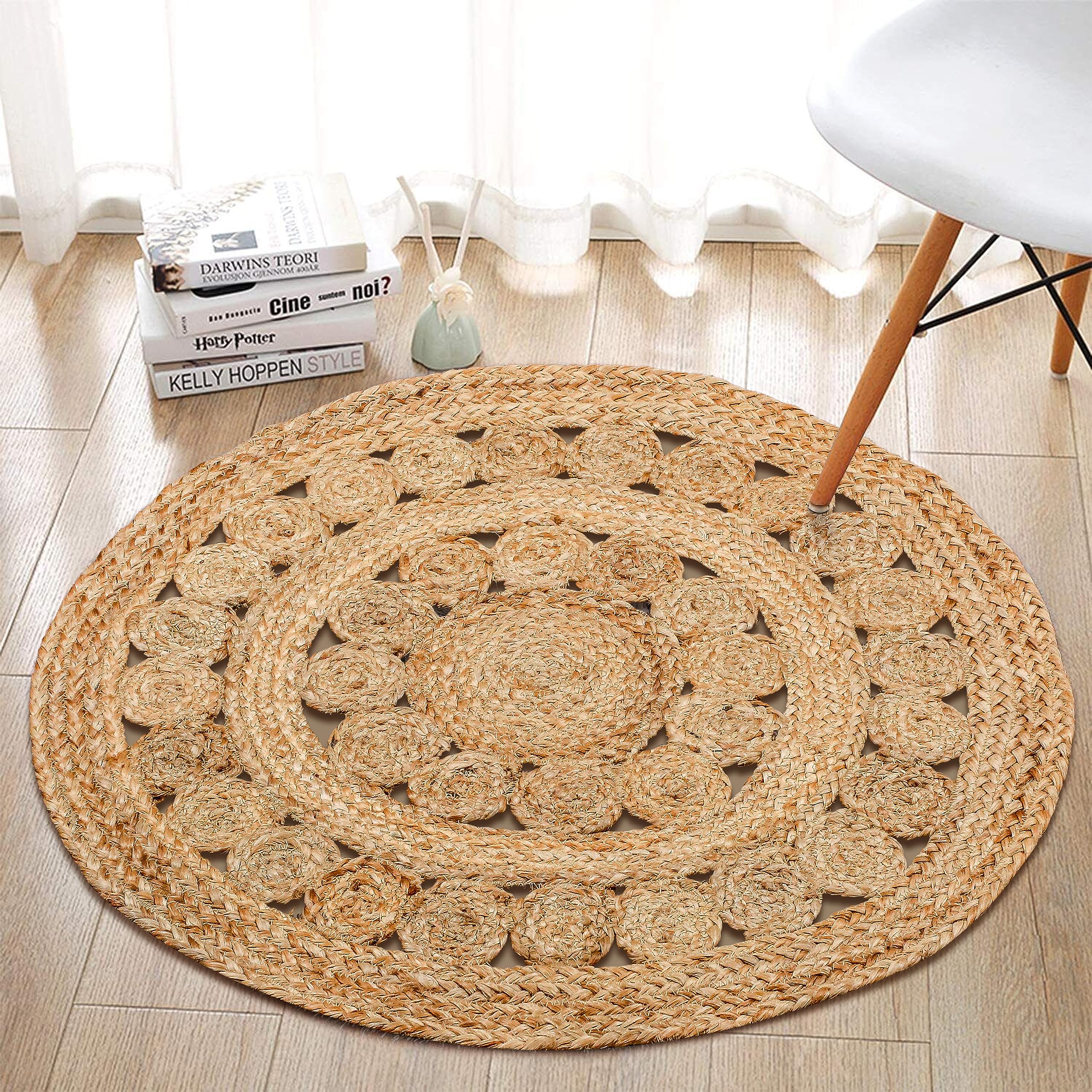 Photo 1 of RIANGI Hand Woven Jute Area Rug - 2' Round - Rustic Beige Reversible Farmhouse Rugs for Living Room, Bedroom, Kitchen - Vintage Natural Braided Entry Floor Décor Circle Boho 2 ft Round Rug