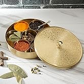 Ajuny Handcrafted Brass Round Spice Box Golden with Embossed Lid - Beautiful Design 7 Spice Containers and 1 Designer Spoon Decorative Masala Canister Organizer Gifts