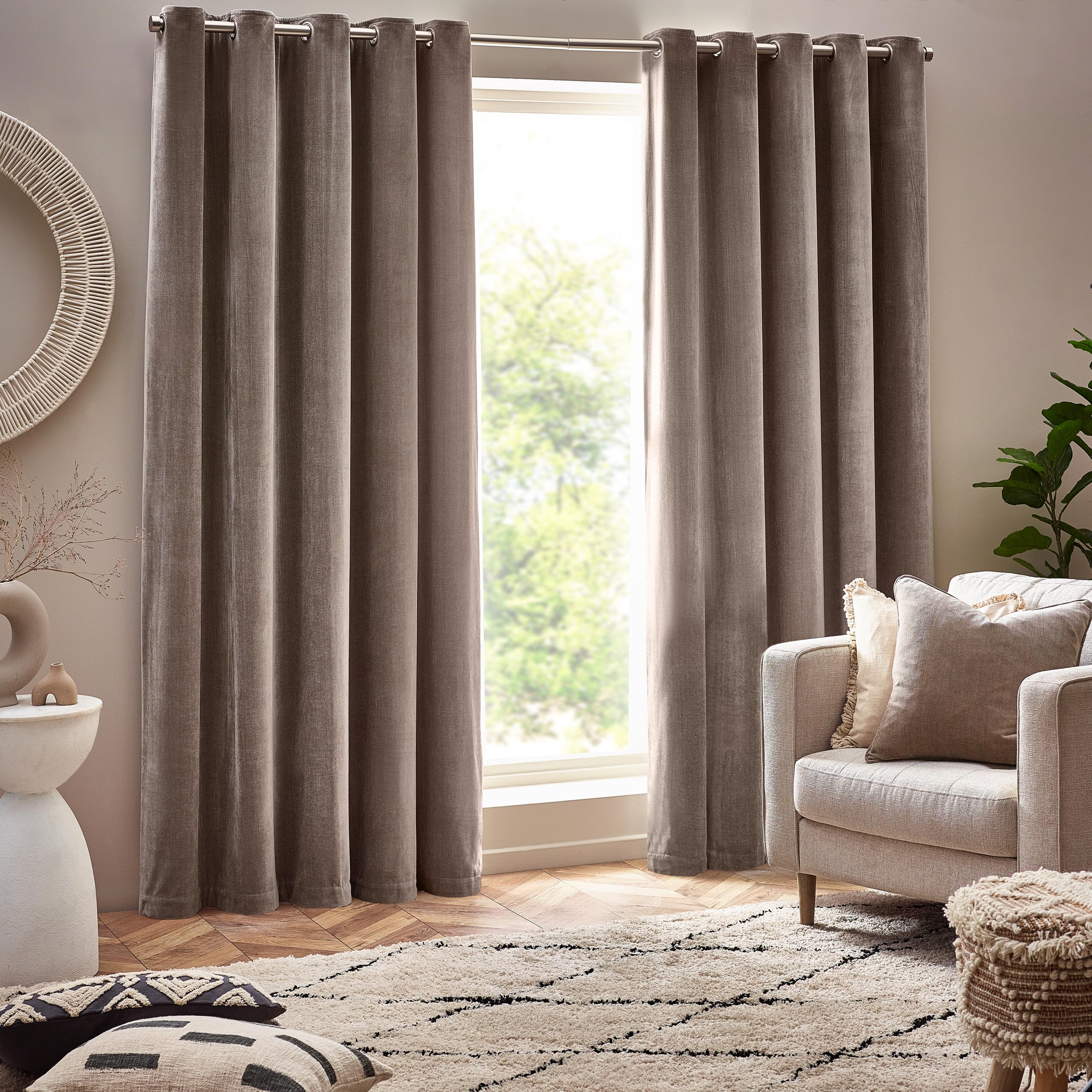 Yard Heavy Chenille Eyelet Curtain Pair – Lined Room Darkening, Soft Velvet Home Décor (Greige - Width 229 x Drop 137cm)
