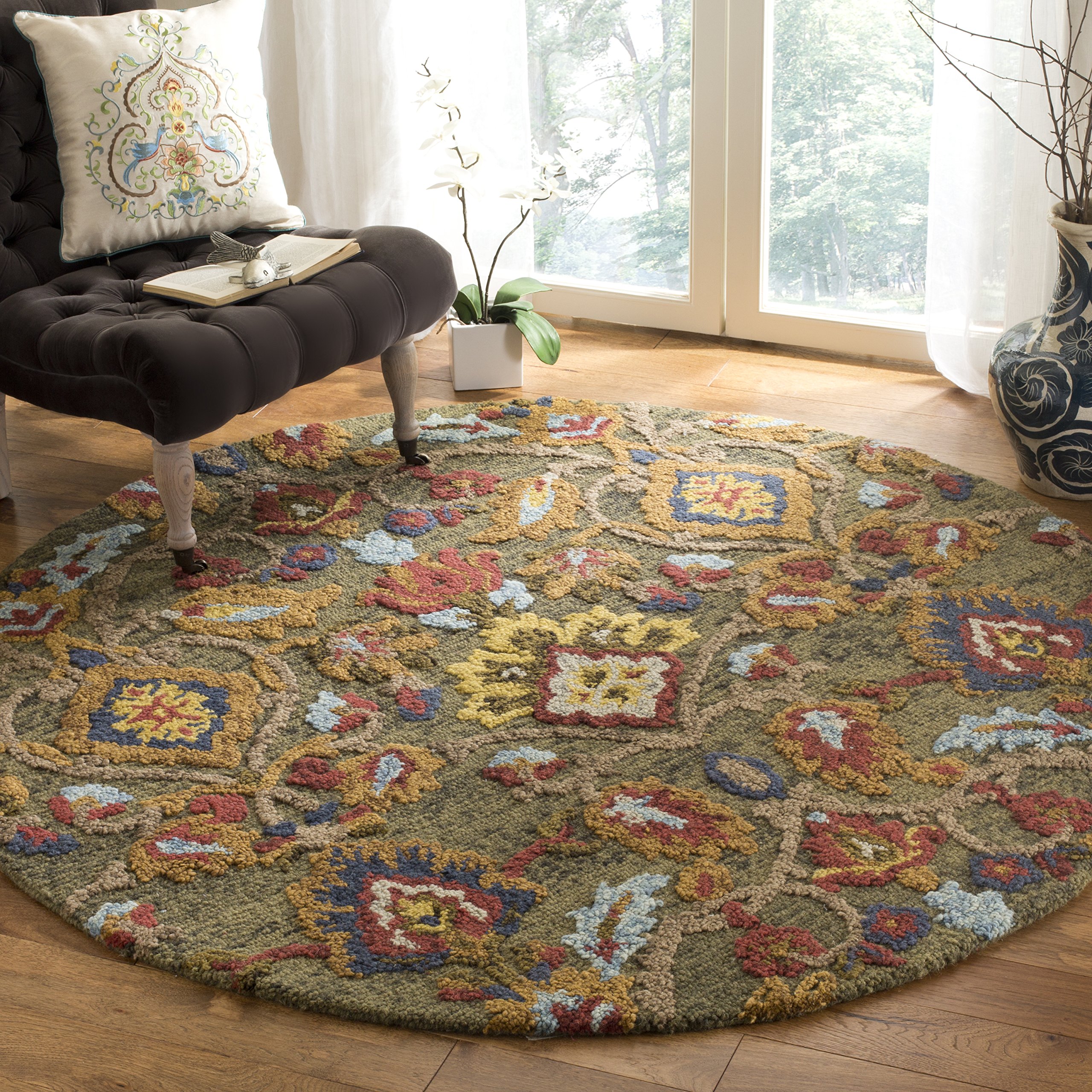 SAFAVIEH Blossom Collection 10' Round Green/Multi BLM402B Handmade Wool Area Rug Image