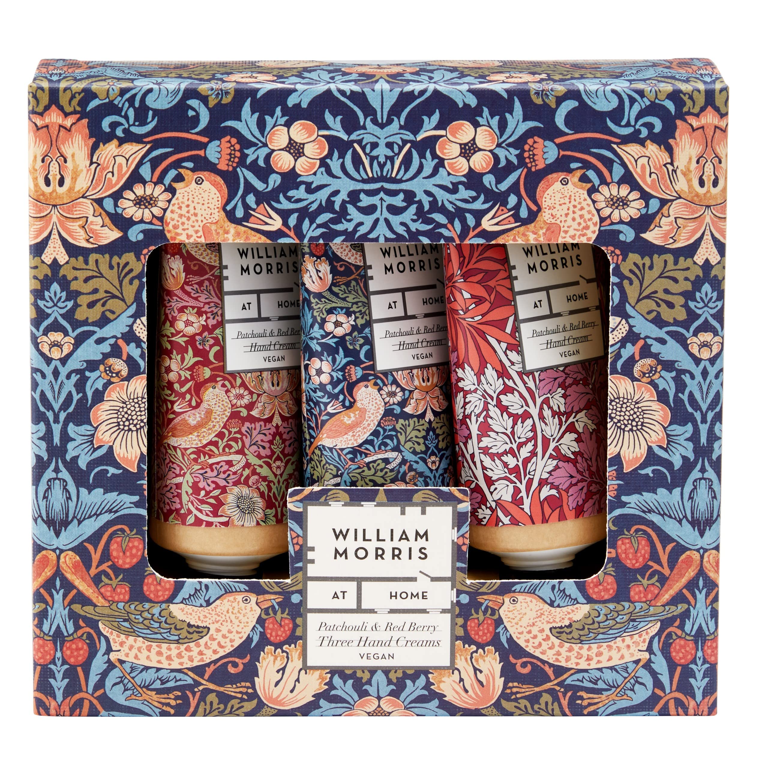 William Morris At Home Hand Cream 3 x 30 ml, Moisturiser Enriched With Shea Butter and Essential Oils, Patchouli and Red Berry, Travel Size, Vegan and Cruelty Friendly, Beauty Gift For Her