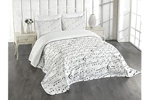 Ambesonne Music Bedspread Set, Abstract Style Professional Pattern Notes and Clef Sheet Play Writing Print, 3 Piece Decorative Bedding Coverlet and 2 Pillow Shams, Queen Size, Black White