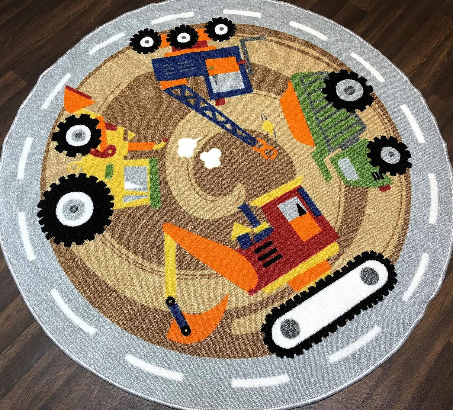 Non Slip Backing 133cm x 133cm Kids Diggers Quality Rug/Mat Hours Of