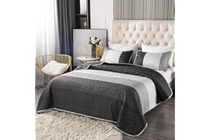PERFEMET Gray Striped Patchwork Quilted Bedspread Set Black and White Reversible Bedroom Decorations for Boys,Soft Queen Size Bedspread/Coverlet,1 Bedspread + 2 Pillow Cases(Grey,Queen)
