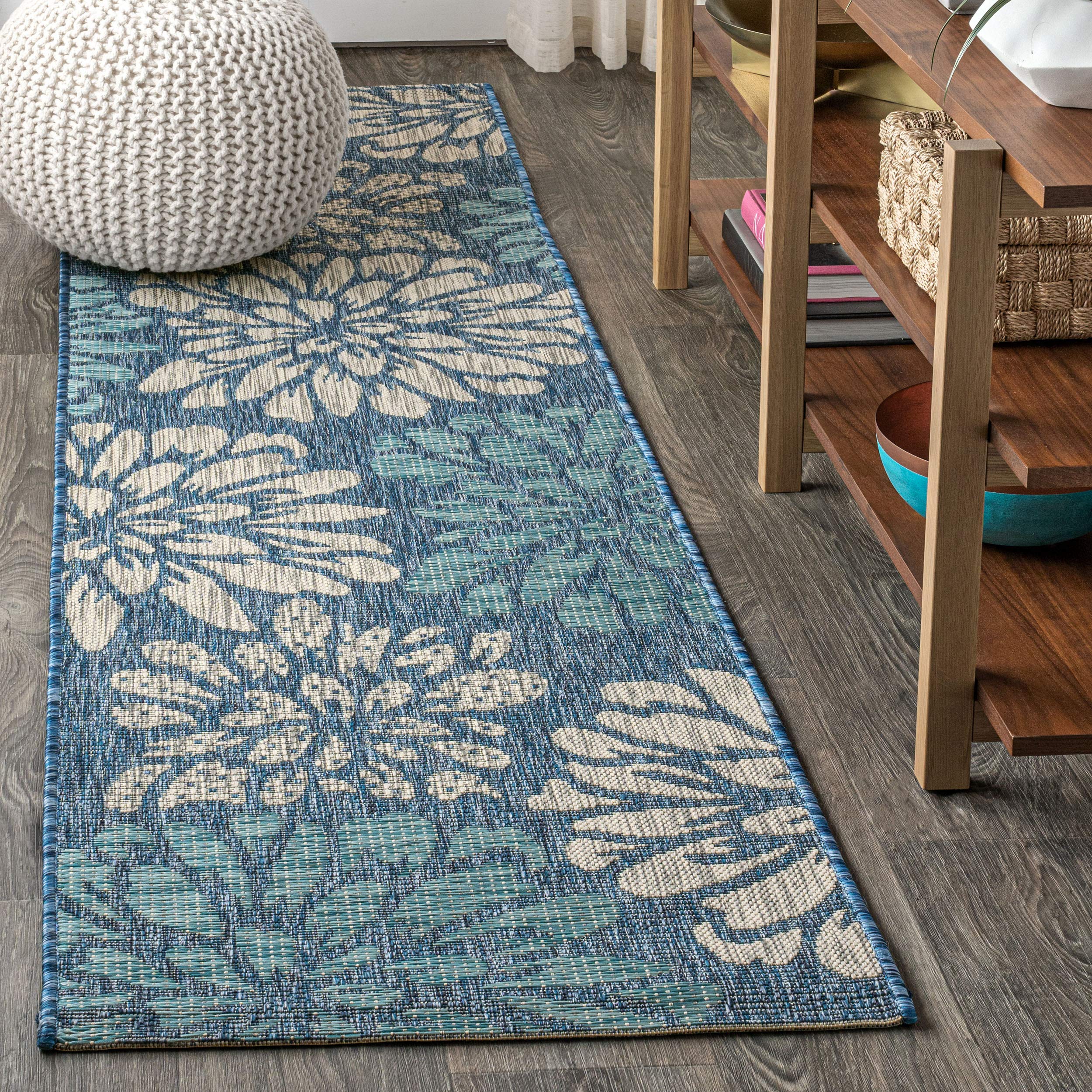 JONATHAN Y Floral Textured Weave Indoor Outdoor Runner Rug 2X14 Navy/Aqua, Zinnia Modern for Backyard, Patio, Porch, Easy-Cleaning, High Traffic, Pet-Friendly, Non-Shedding (SMB110C-214) Image