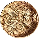 14" Round Rattan Tray, Hand Woven Serving Tray with Handles, Wicker Serving Basket, Decorative Tray for Home Decor, Natural