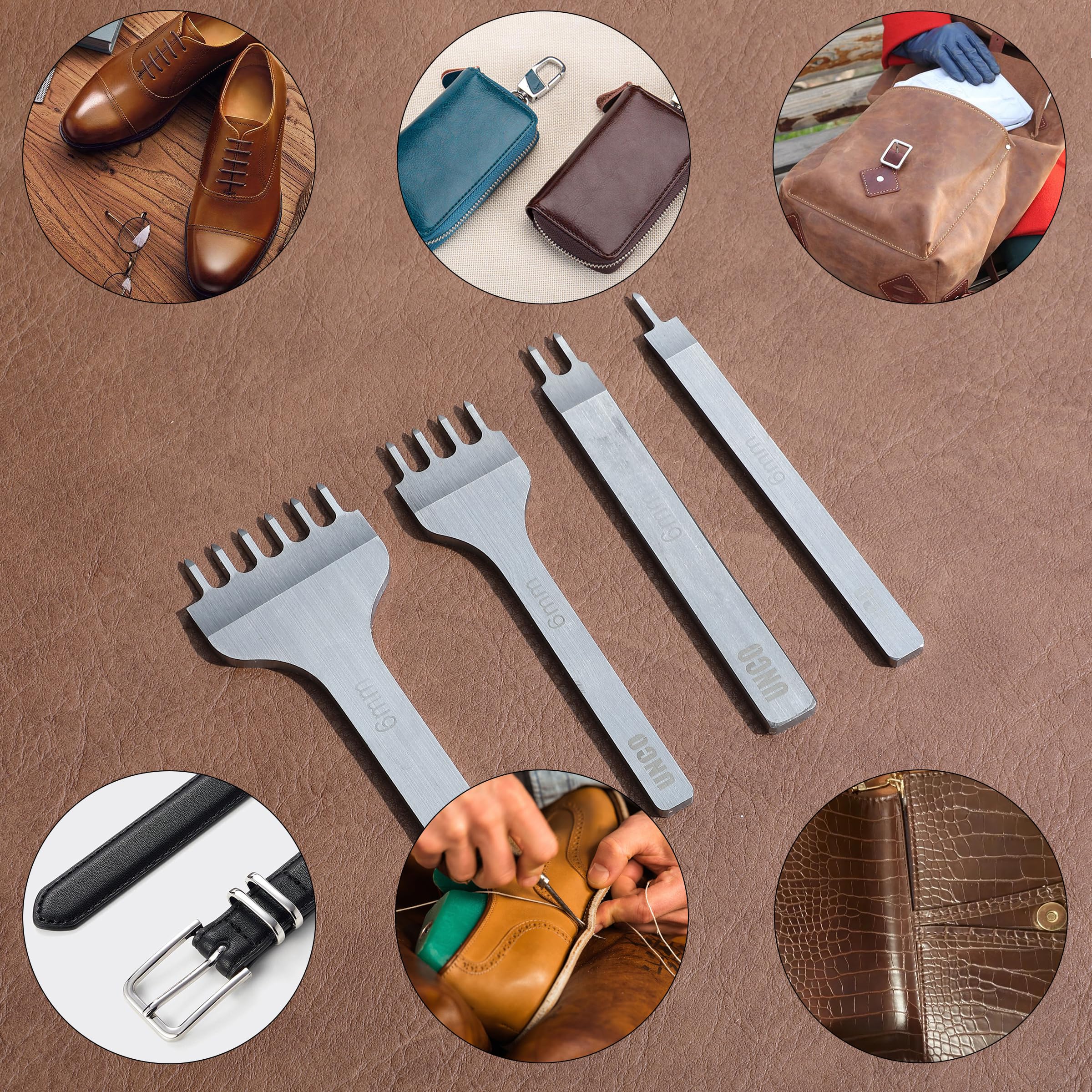 UNCO- Leather Stitching Punch, 4 Pack, 3mm, 1/2/4/6 Prong, Leather Hole Punch Tool, Stitching Chisel