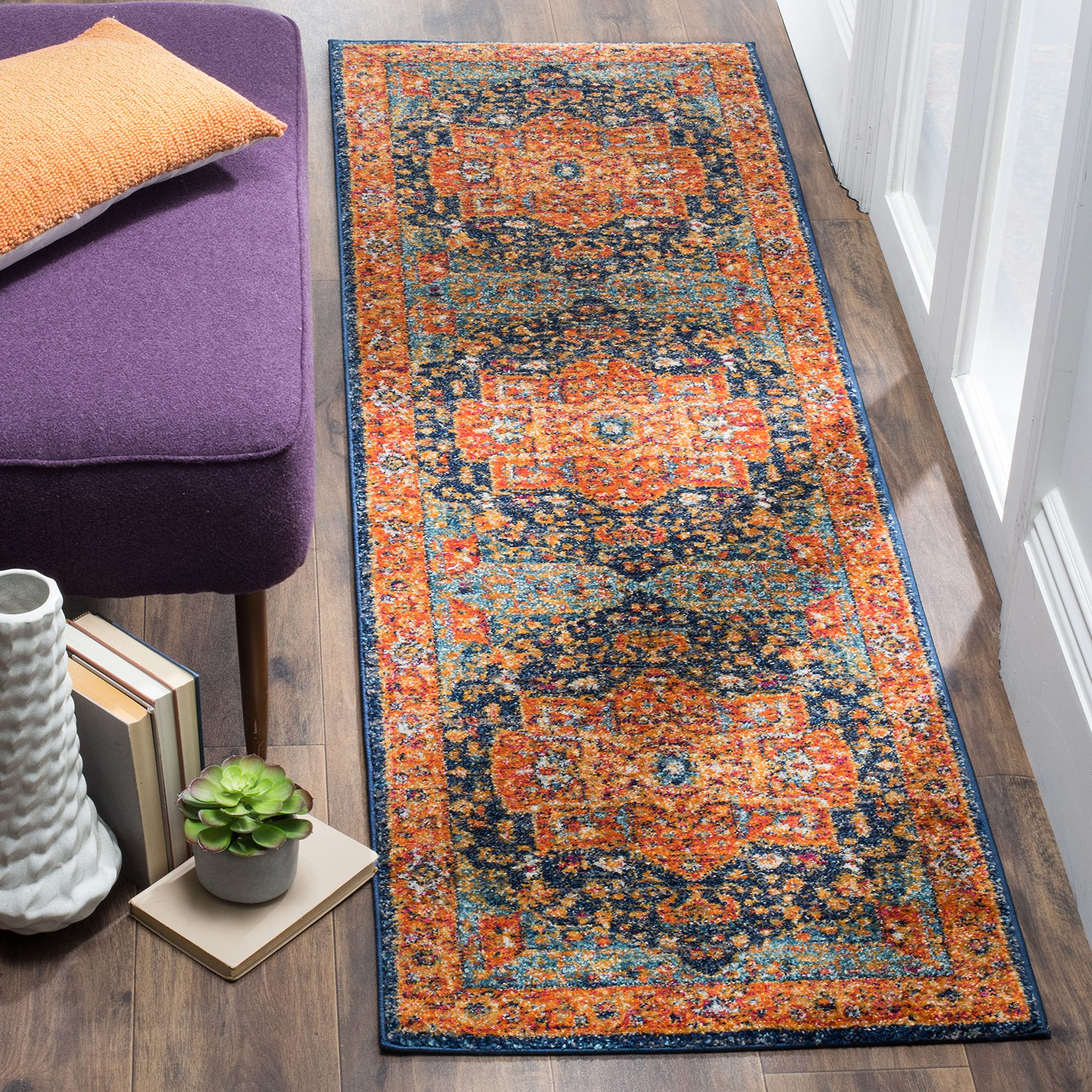 SAFAVIEH Evoke Collection 2'2" x 7' Blue/Orange EVK275C Oriental Medallion Distressed Non-Shedding Living Room Entryway Foyer Hallway Bedroom Runner Rug Image