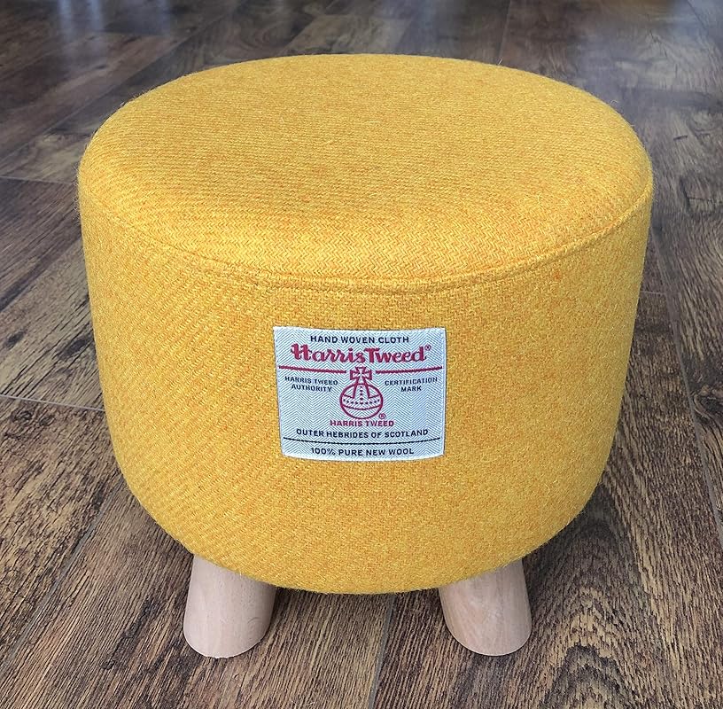 Small Yellow Harris Tweed Footstool, with Wooden Legs Amazon.co.uk