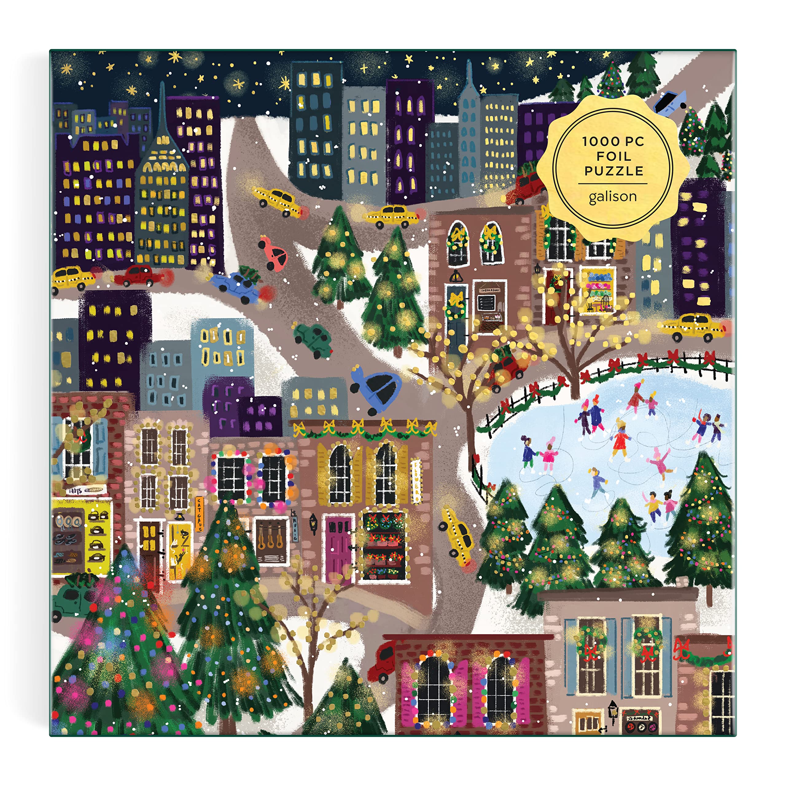 Galison Sparkling City – 1000 Piece Foil Puzzle with Illustrations of Colorful Merriments in The City with Gold Foil Accents