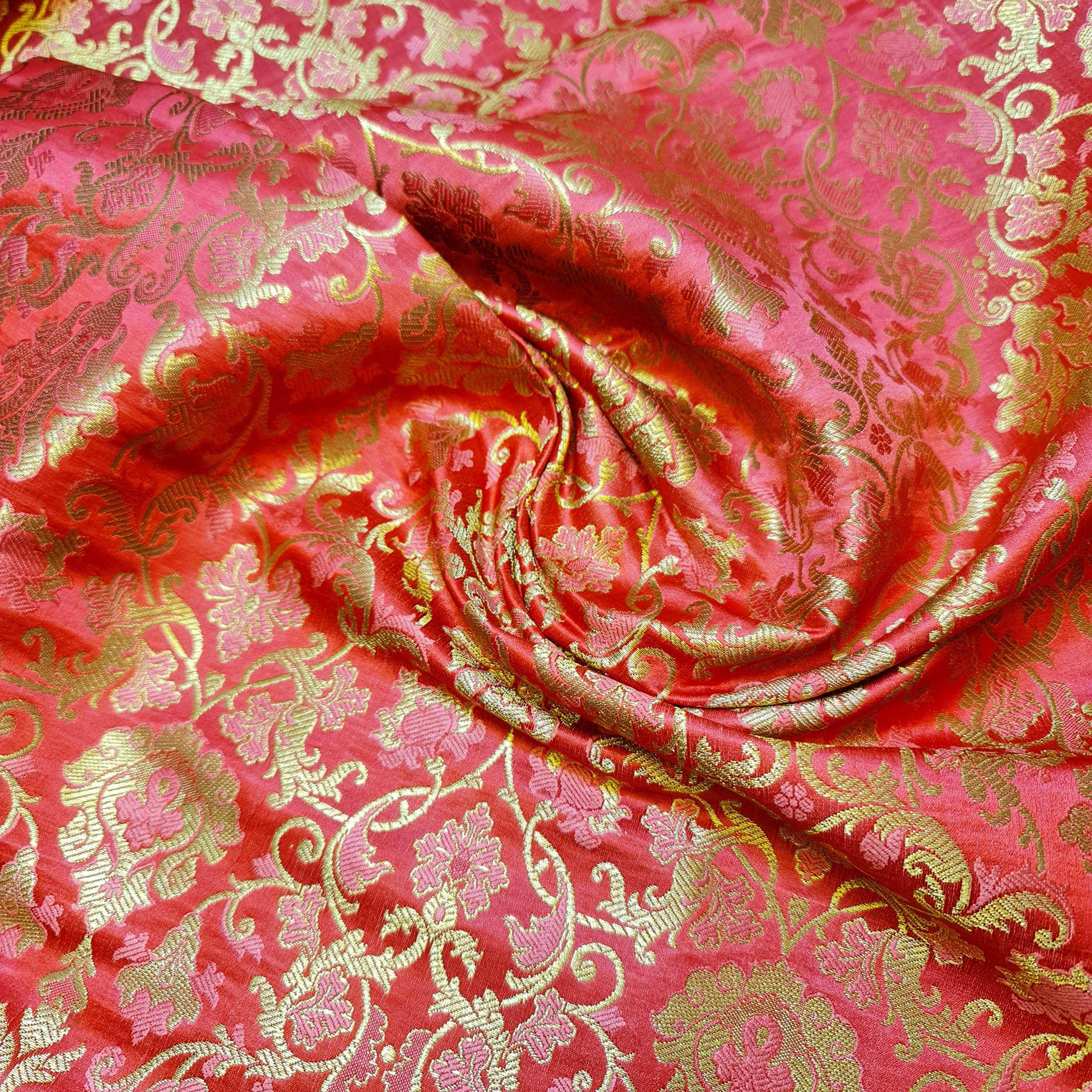 Textile Station Ornamental Damask Floral Gold Metallic Print Indian Banarasi Brocade Fabric (Pre Cut) Available in 9 Colours (Coral)