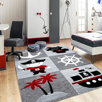 Kinderzimmer Teppich In Piraten Design Palme Schiff Schatzkarte