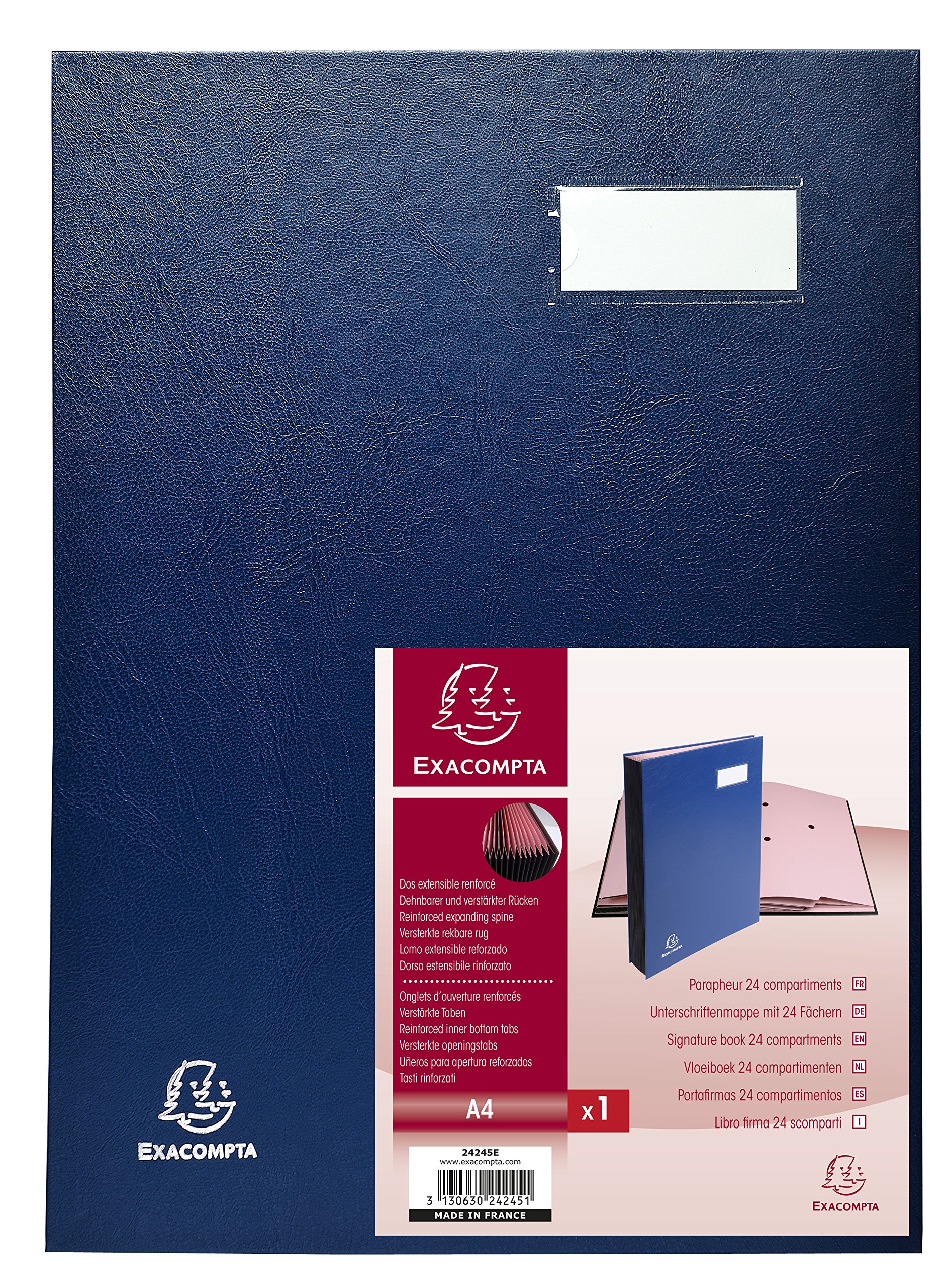 Exacompta - Ref 24245E - Direction Signature Book - 240 x 320mm in Size, Suitable for Storing A4 Documents, Plastic Cover &,300gsm Interior, 24 Compartments - Blue