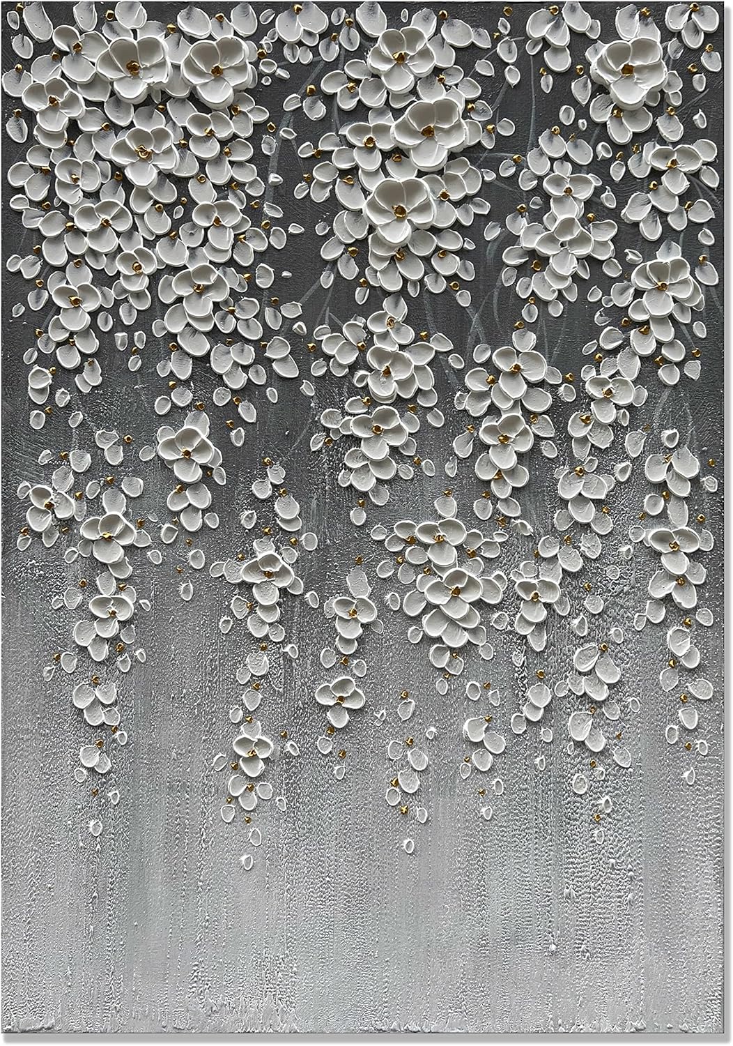 Paintings - zoinart 3D Oil Painting on Canvas, 28x40 inch Hand Painted Abstract White Flowers/Floral Paintings Grey Artwork Modern Canvas Wall Art Wall Decor Framed Ready to Hang