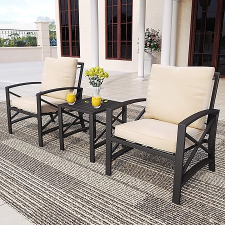 Amazon Com Patiofestival Patio Bistro Set Outdoor Conversation Sets Metal Modern Furniture Set With Coffee Table For Porch Garden Backyard Or Indoor 3 Pcs Khaki Garden Outdoor