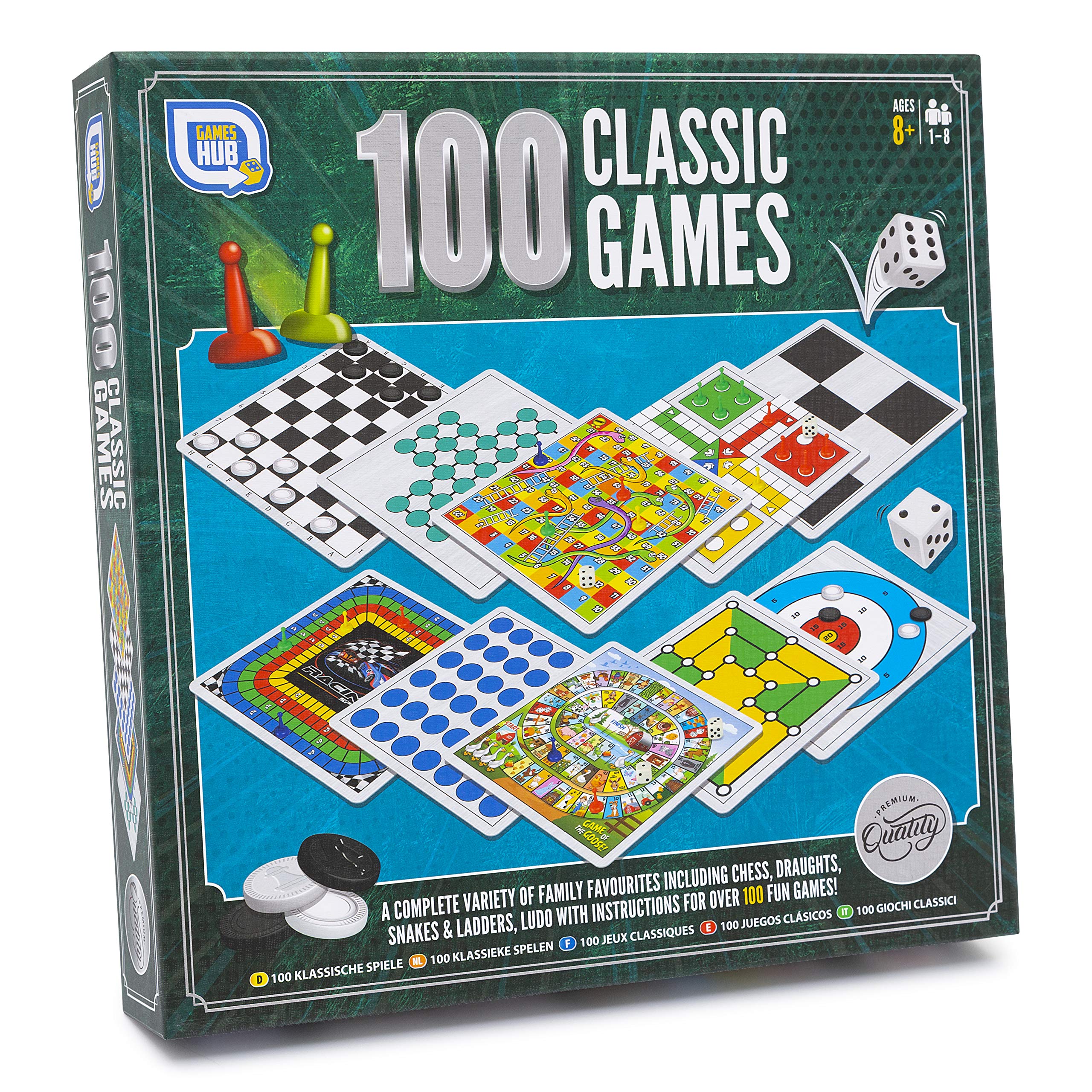 Grafix 100 Classic Games Compendium - Family Board Games: Chess, Ludo, Snakes & Ladders & More - 2 Players, Ages 8+