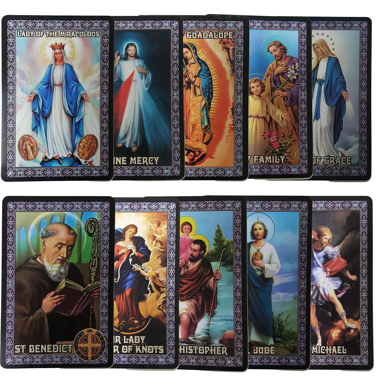 Catholic Set of 10 Holy Prayer Cards - New Plastic Material! St Benedict St Jude St Michael St Christopher Holy Family L of Guadalupe L of Miraculous L of Grace L Undoer of Knots Divine Mercy