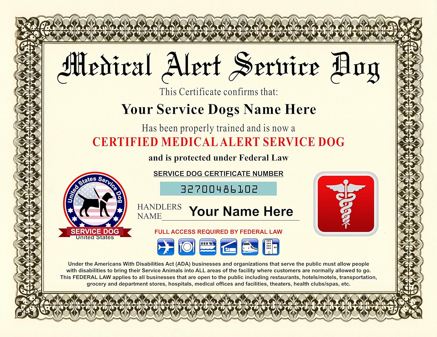 Amazon Com Medical Alert Service Dog Certificate