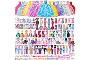 BHYTAKI 120Pcs Doll Clothes and Accessories, 5 Wedding Gowns 21 Dresses Including Evening Gowns, Fish Scale Skirts, Fashion Dresses, Swimsuits, Shoes, Hangers for Christmas Stocking Stuffers Girls Gift Age 3+