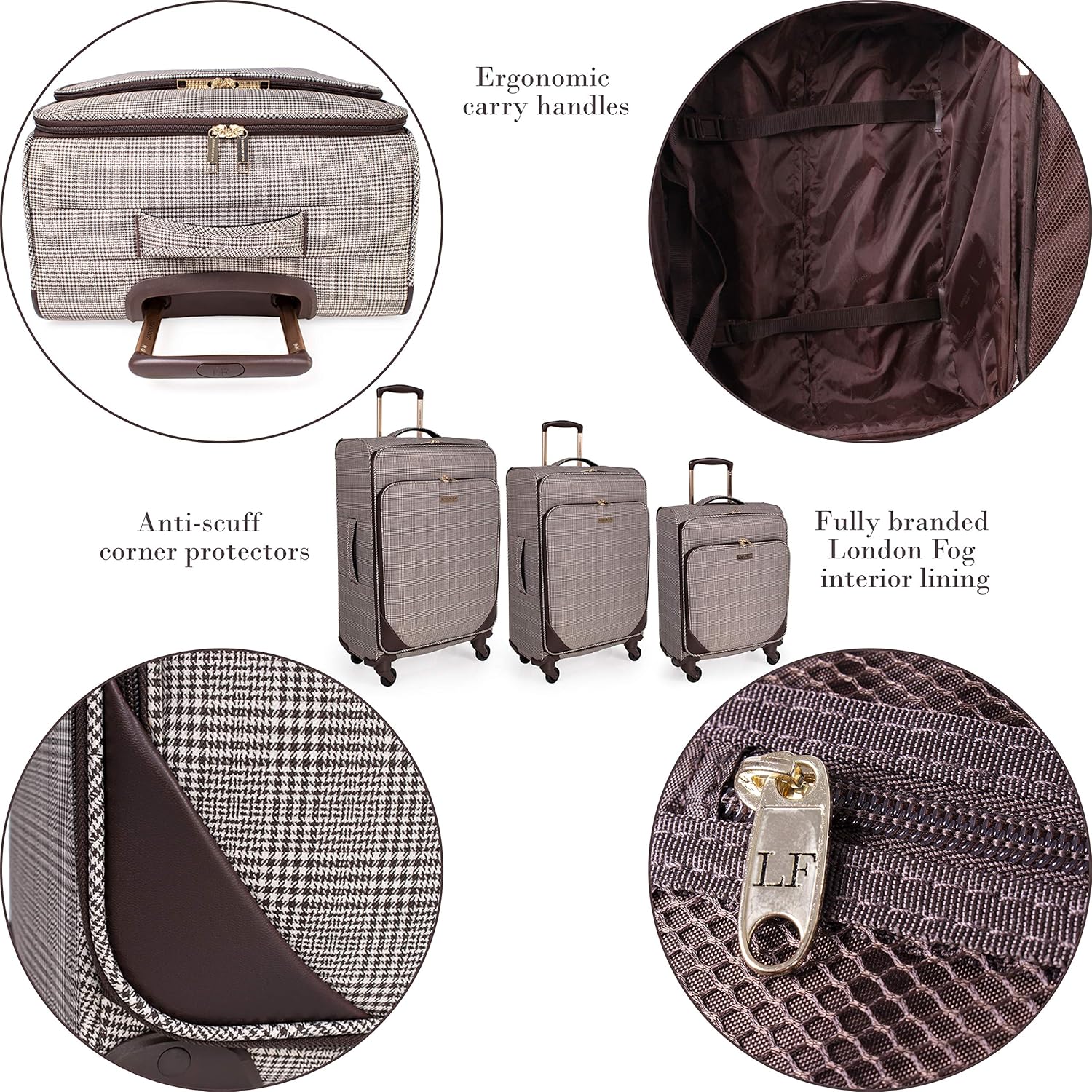 London Fog 30 Inch Suitcase with x4 Spinner Wheels, Soft Shell Luggage with Drag Handle, Spinner Wheels, Brown Houndstooth, L - Image 5