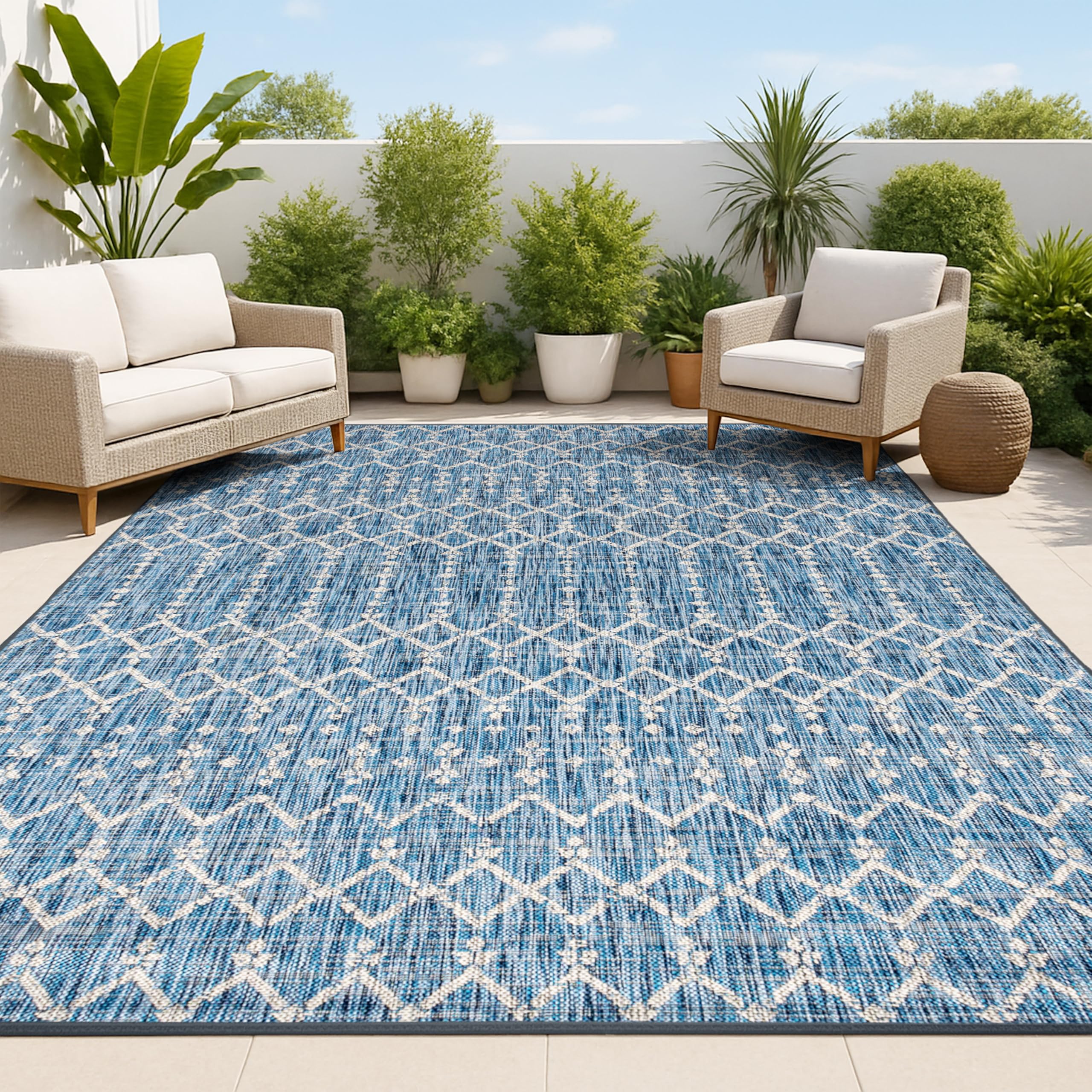 Photo 1 of ** NEW** JONATHAN Y Moroccan Geometric Indoor Outdoor Area Rug 5X8 Navy/Light Gray, Ourika Textured Weave for Backyard, Patio, Porch, Easy-Cleaning, High Traffic, Pet-Friendly, Non-Shedding (SMB108B-5)