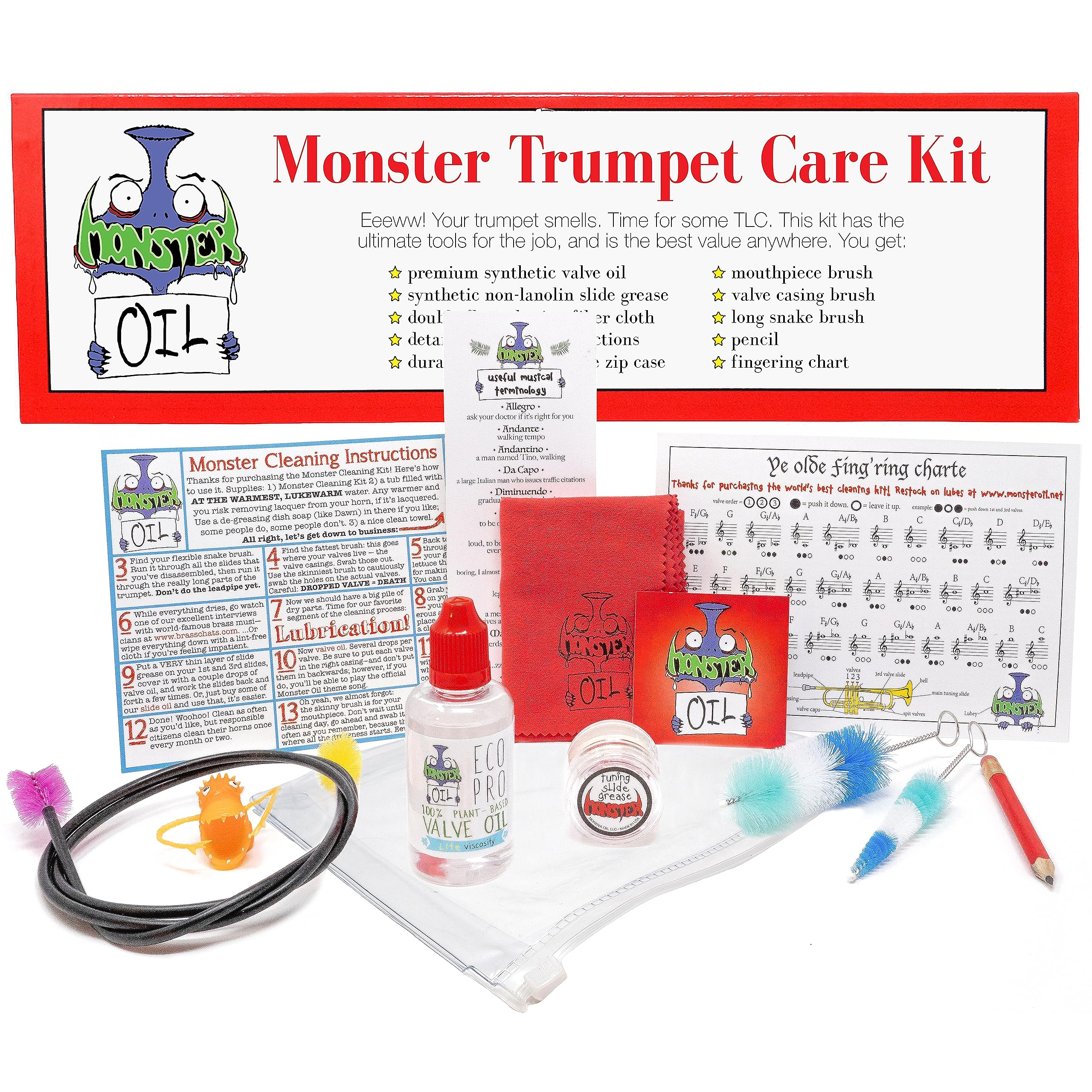Monster Trumpet/Cornet Care and Cleaning Kit | Valve Oil, Slide Grease, and More! Everything You Need to Take Care of and Clean Your Trumpet!
