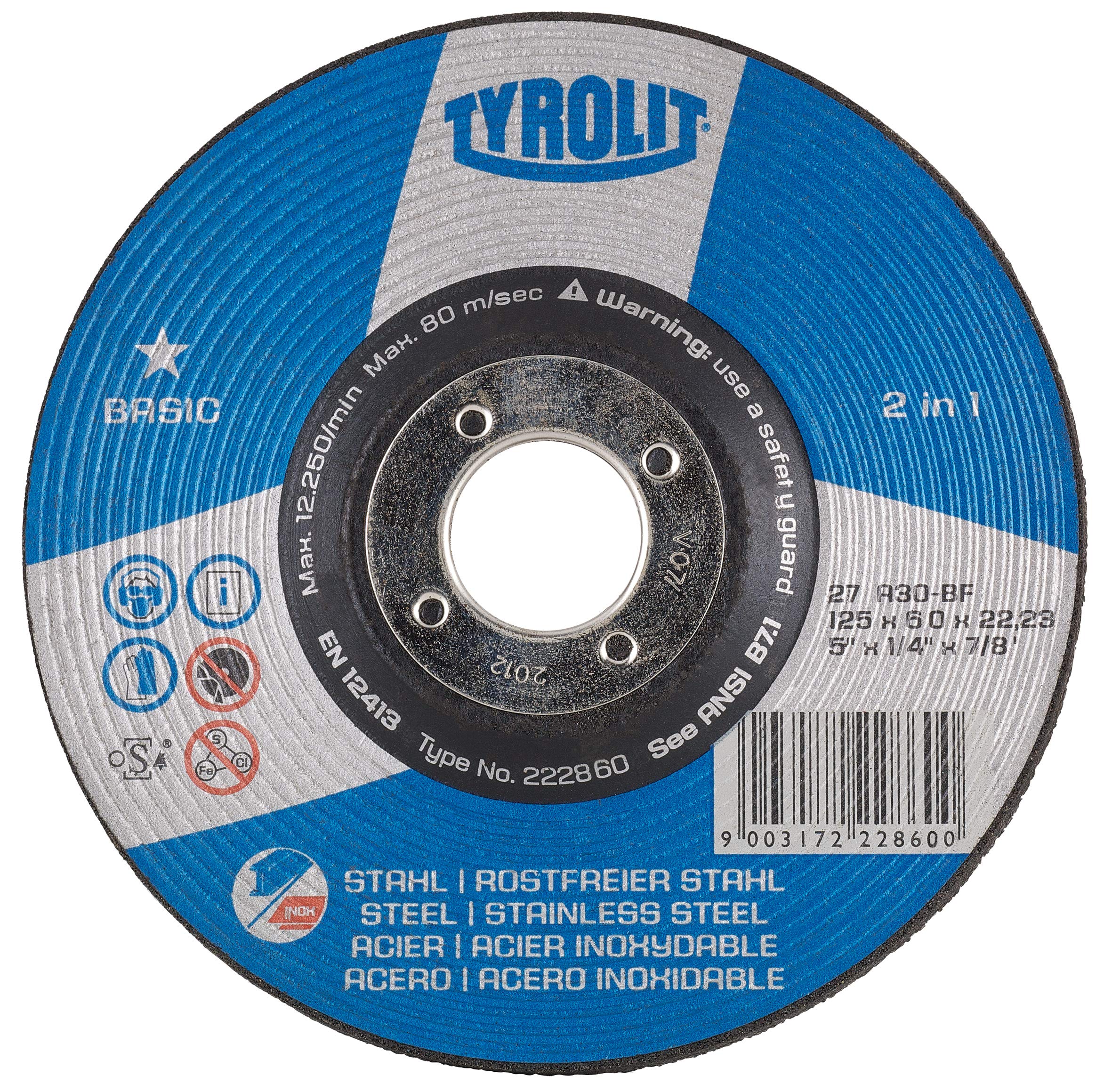TYROLIT 222860 BASIC 2in1 Rough Grinding Wheels for Steel & Stainless Steel, 125mm Cutting Discs, Angle Grinder Discs, 125 x 6 x 22.23 mm, 10-Pack