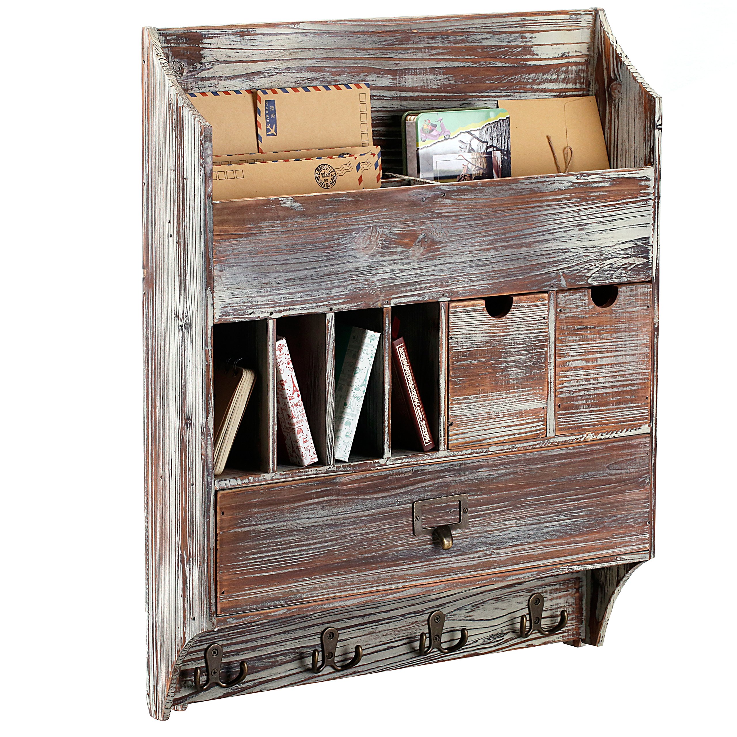MyGift Torched Wood Wall Mounted Entryway Organizer with Mail Holder