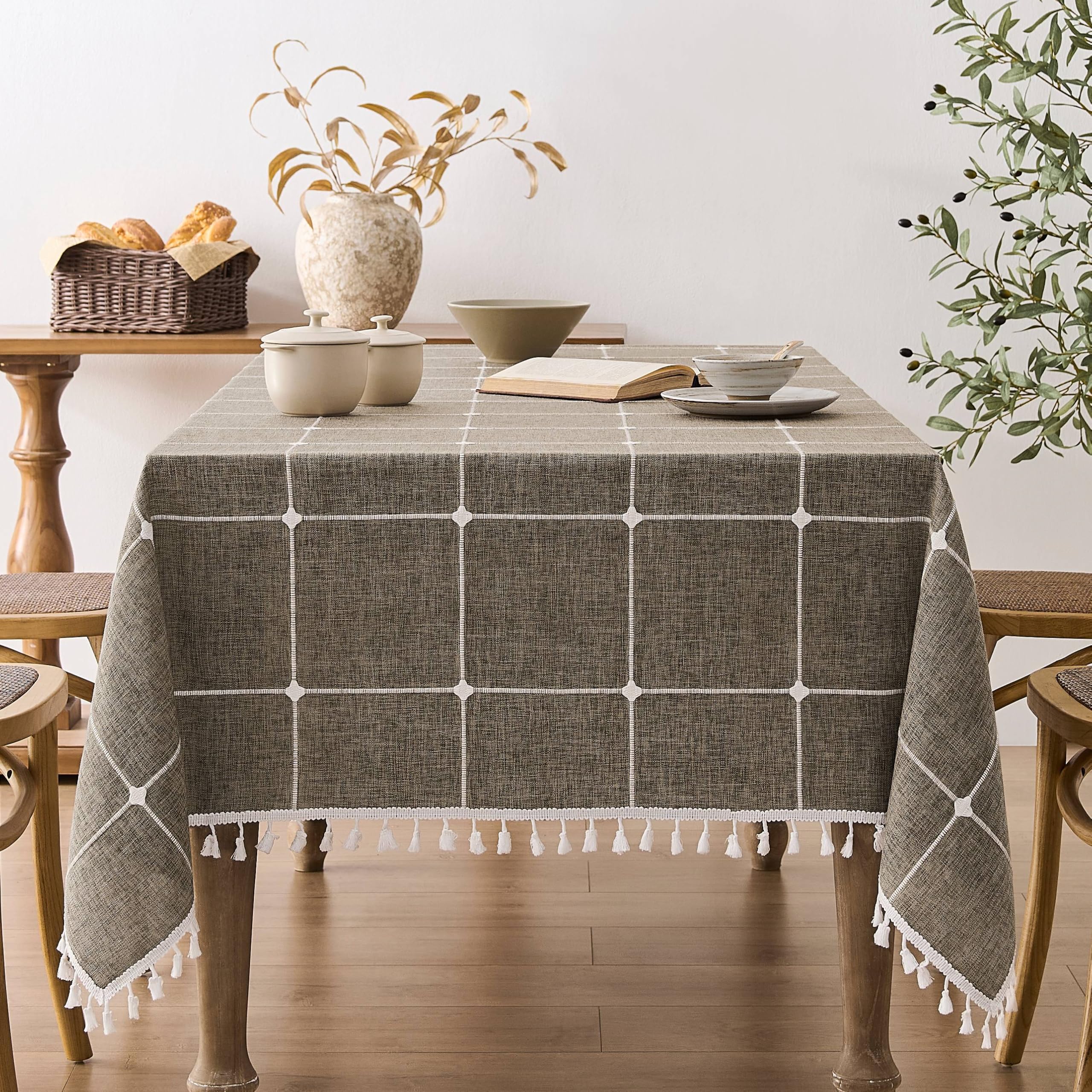 ZeeMart Boho Grid Table Cloth with Tassels (Cocoa Brown, 60" x 120"), Heavy Weight Linen Checked Embroidered Farmhouse Tablecloth, Water Resistant Rectangle Brown Tablecloths Image