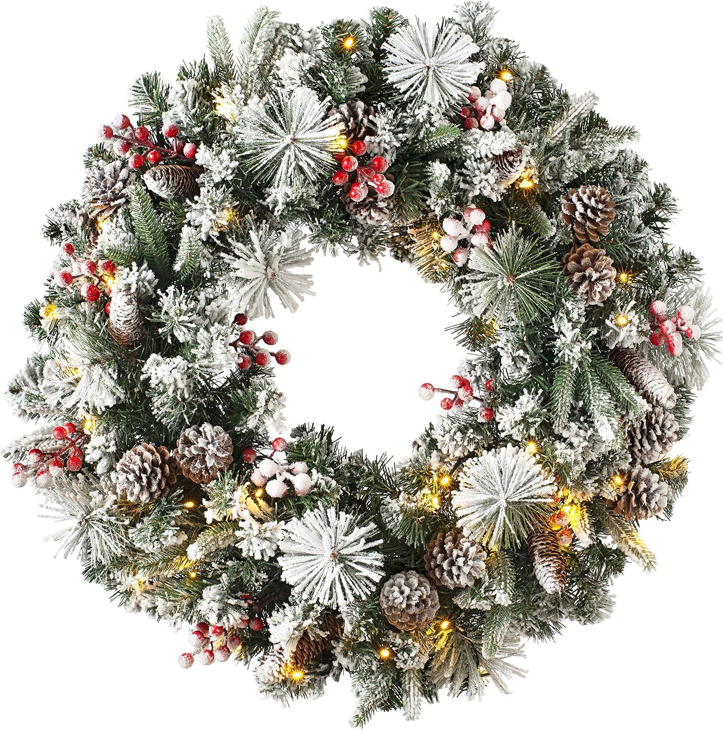 Luxury Pre-Lit Snow Flocked Wreath with 50 LED Lights, Multicolored, 2.5 feet/75cm