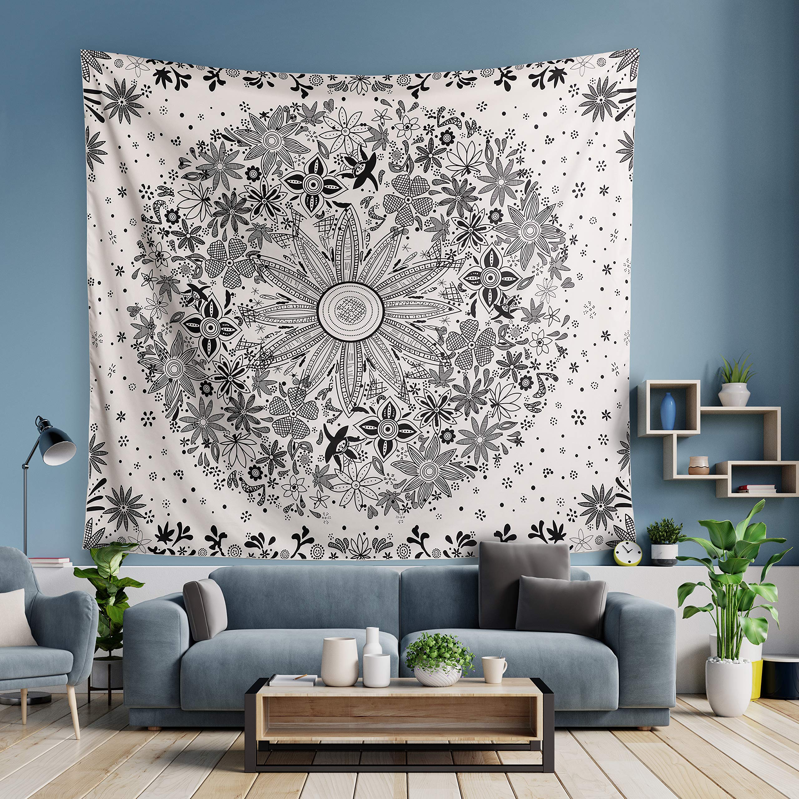 HAZANI Bohemian Wall Tapestry - 50 x 60 Inch Wall Tapestry for Hanging - White Flower Wall Tapestry with Dotted Daisy Medallion Print - Beautiful Hippie Home Decor for Any Room