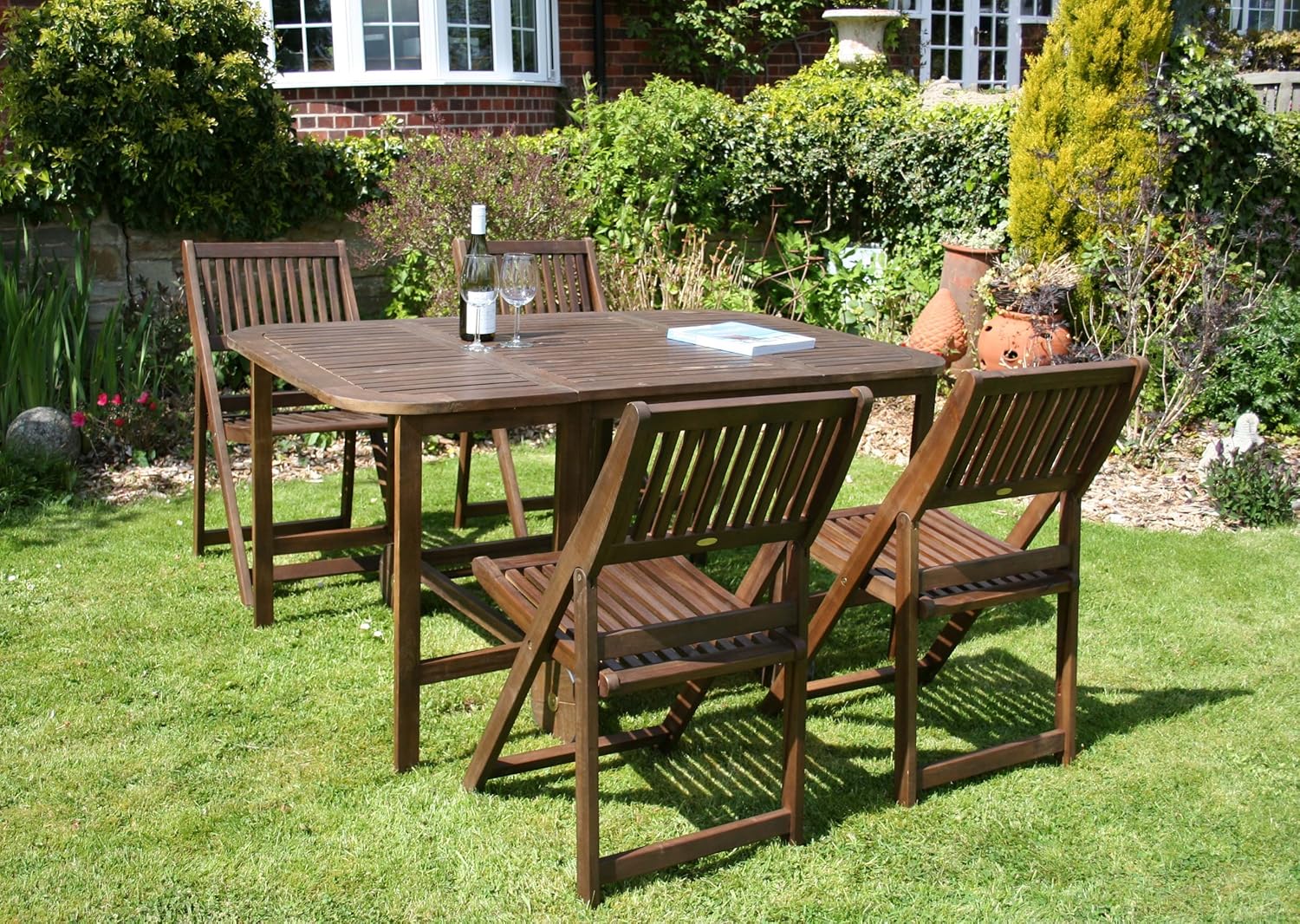 BENTLEY FOLDABLE 5PC WOODEN PATIO GARDEN FURNITURE SET TABLE & 4 CHAIRS