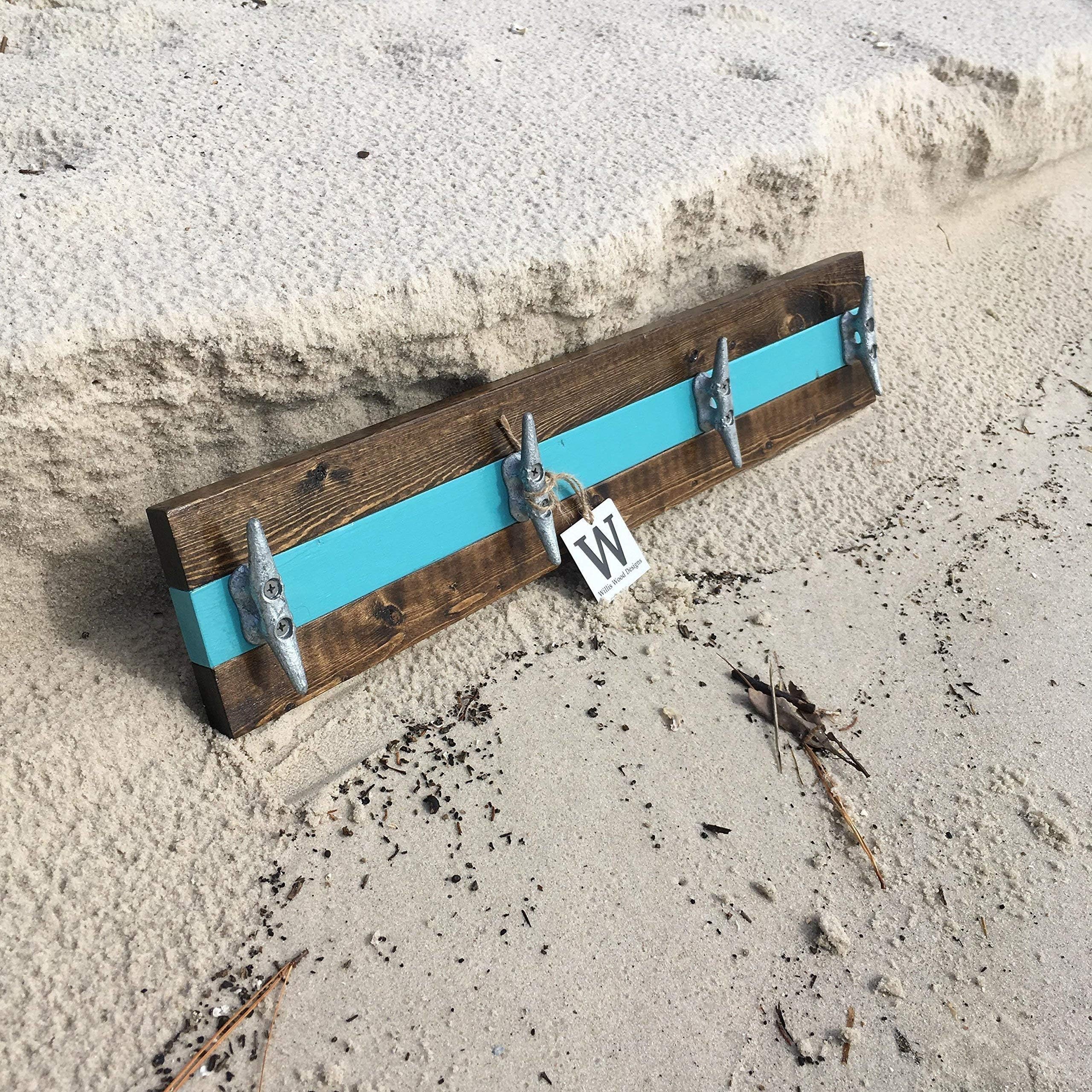 Nautical Boat Cleat Coat Rack, Towel Rack, or Hat Rack, Teal and Walnut