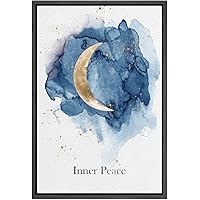 SIGNWIN Framed Canvas Wall Art Inner Peace with A Gold Cresent Moon in Blue Sky Astronomy & Space Cosmic Watercolor Abstract Modern Scenic for Living Room, Bedroom, Office - 16