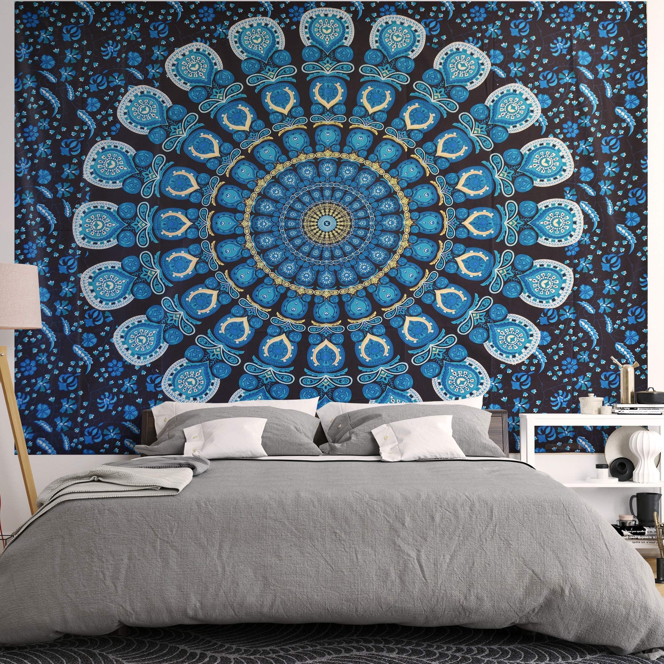 Blue Bohemian Tapestry - boho hippie psychedelic decor for Wall hanging, for your dorm room or bedroom - Mandala tapestries for Trippy room decor, dark teal and black, Large Size for Men and Women