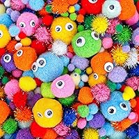 Caydo [1200PCS]1050Pcs Multicolor Pom Poms, Assorted Sizes & Colors Craft Pompom Balls with 150pcs Wiggly Eyes for Kids Arts 