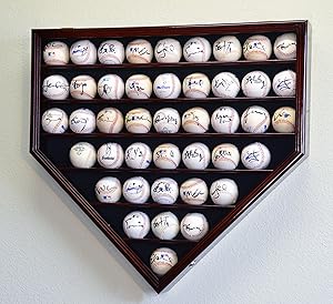 43 Baseball Ball Display Case Cabinet Holder Rack Home Plate Shaped w/98% UV Protection- Lockable –Cherry