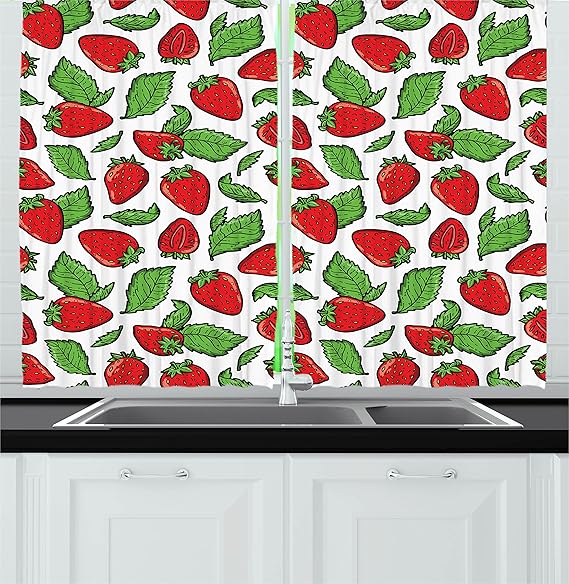Ambesonne Fruit Kitchen Curtains, Juicy Strawberries with